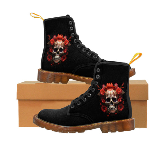 Red Floral Skull Women's Canvas Boots