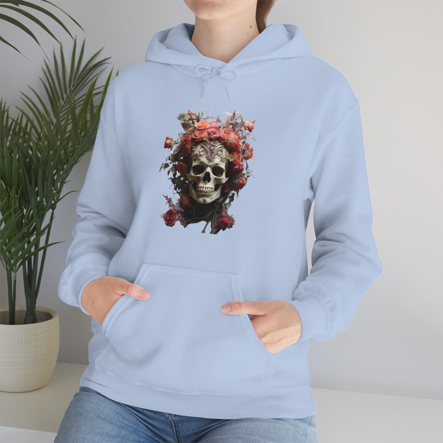 Pink Rose Floral Skull Unisex Heavy Blend™ Hooded Sweatshirt