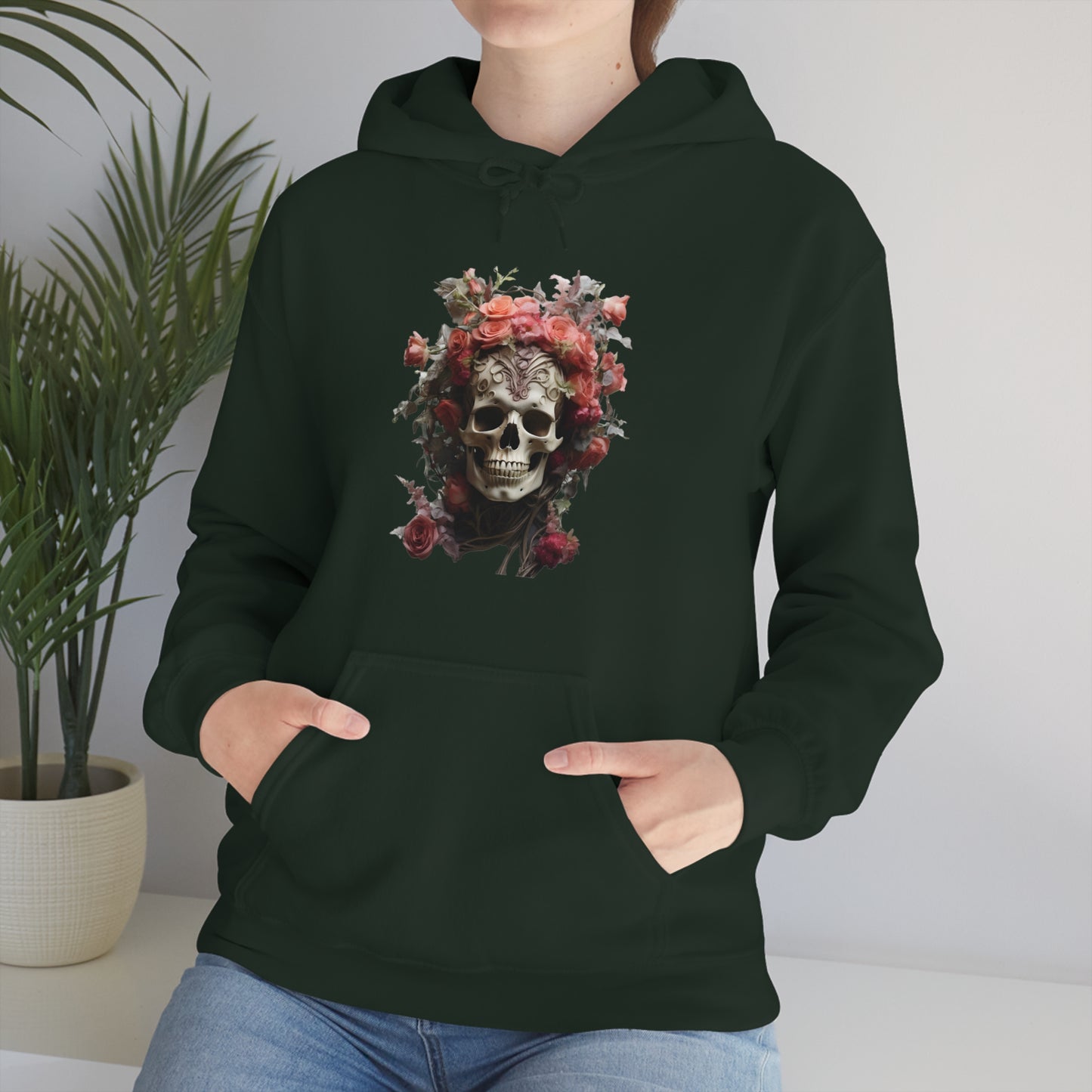 Pink Rose Floral Skull Unisex Heavy Blend™ Hooded Sweatshirt