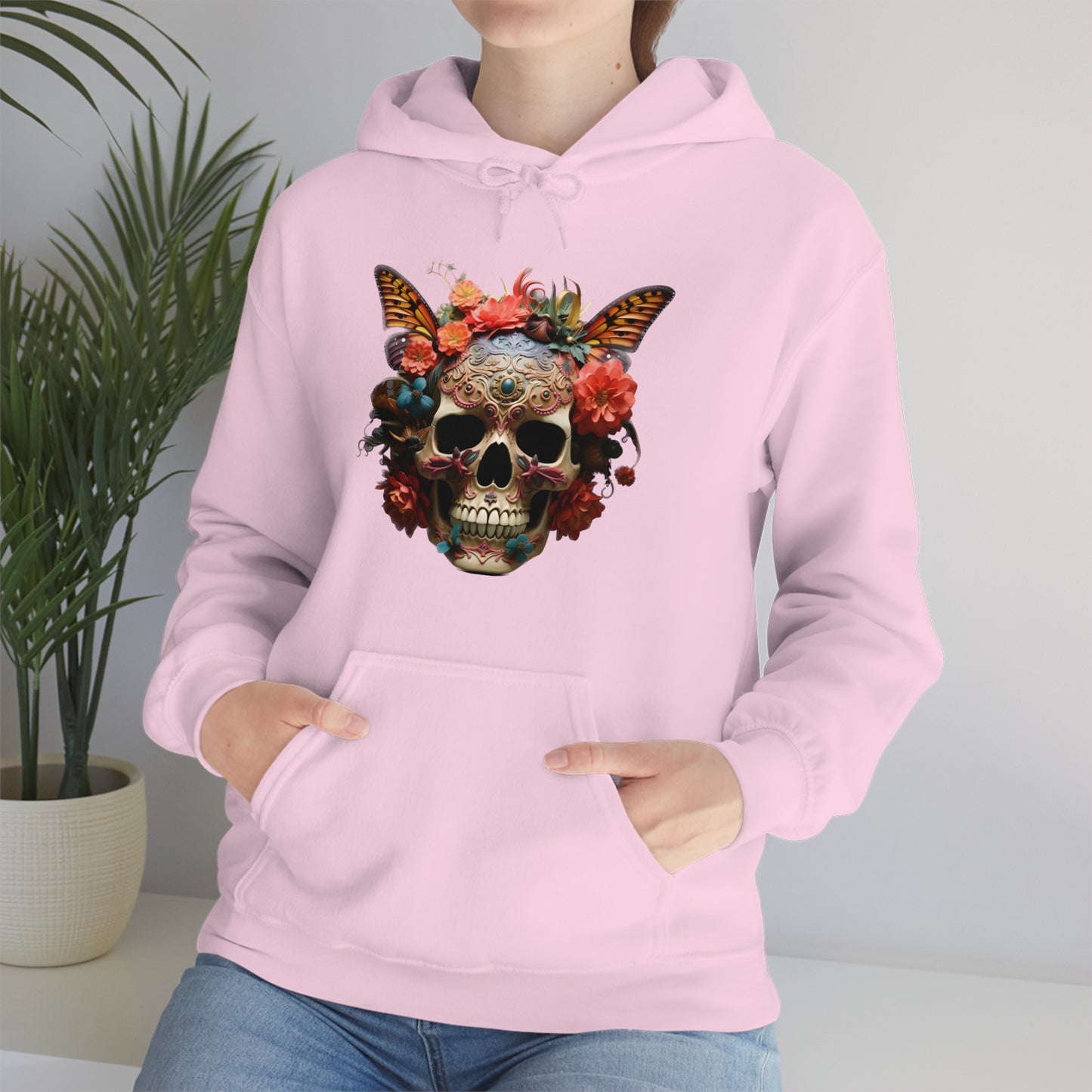 Painted Lady Butterfly Floral Skull Unisex Heavy Blend™ Hooded Sweatshirt