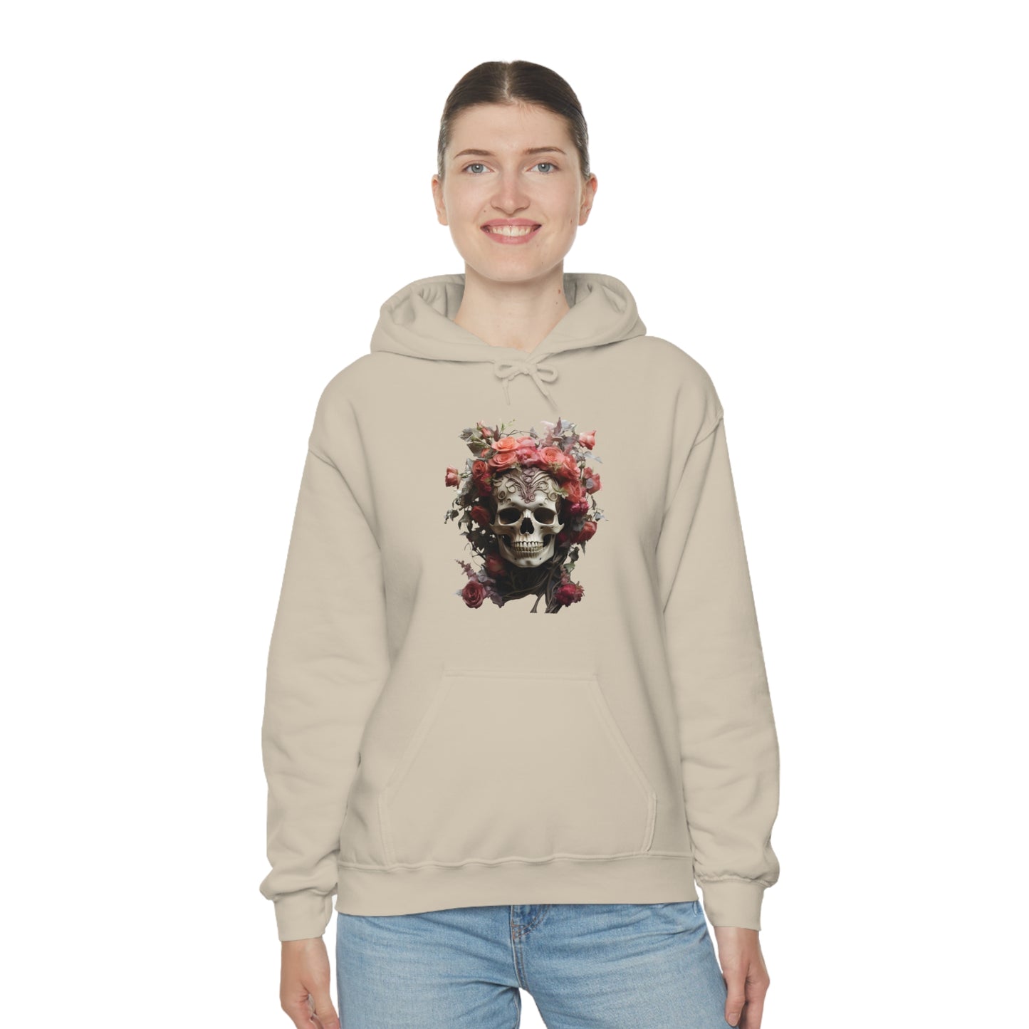 Pink Rose Floral Skull Unisex Heavy Blend™ Hooded Sweatshirt