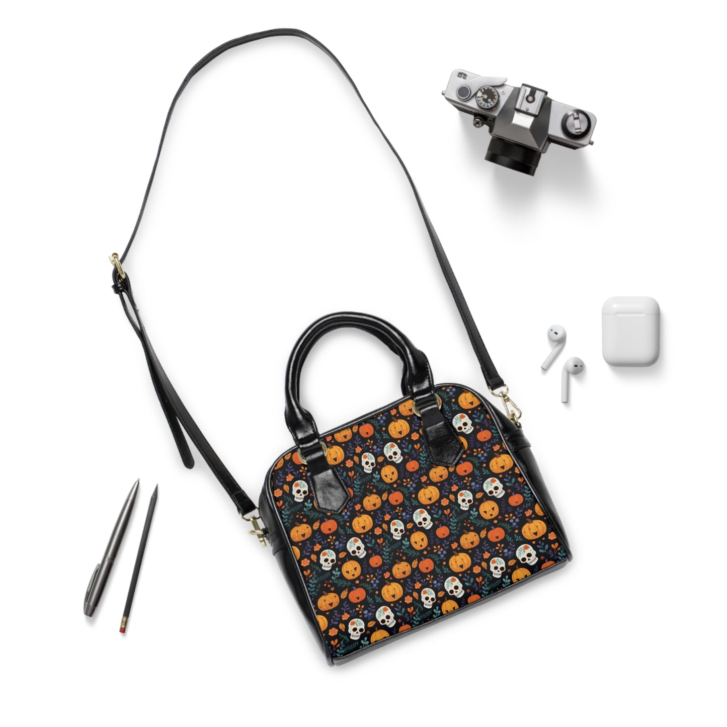 Happy Pumpkins & Talavera Style Skulls Shoulder Handbag