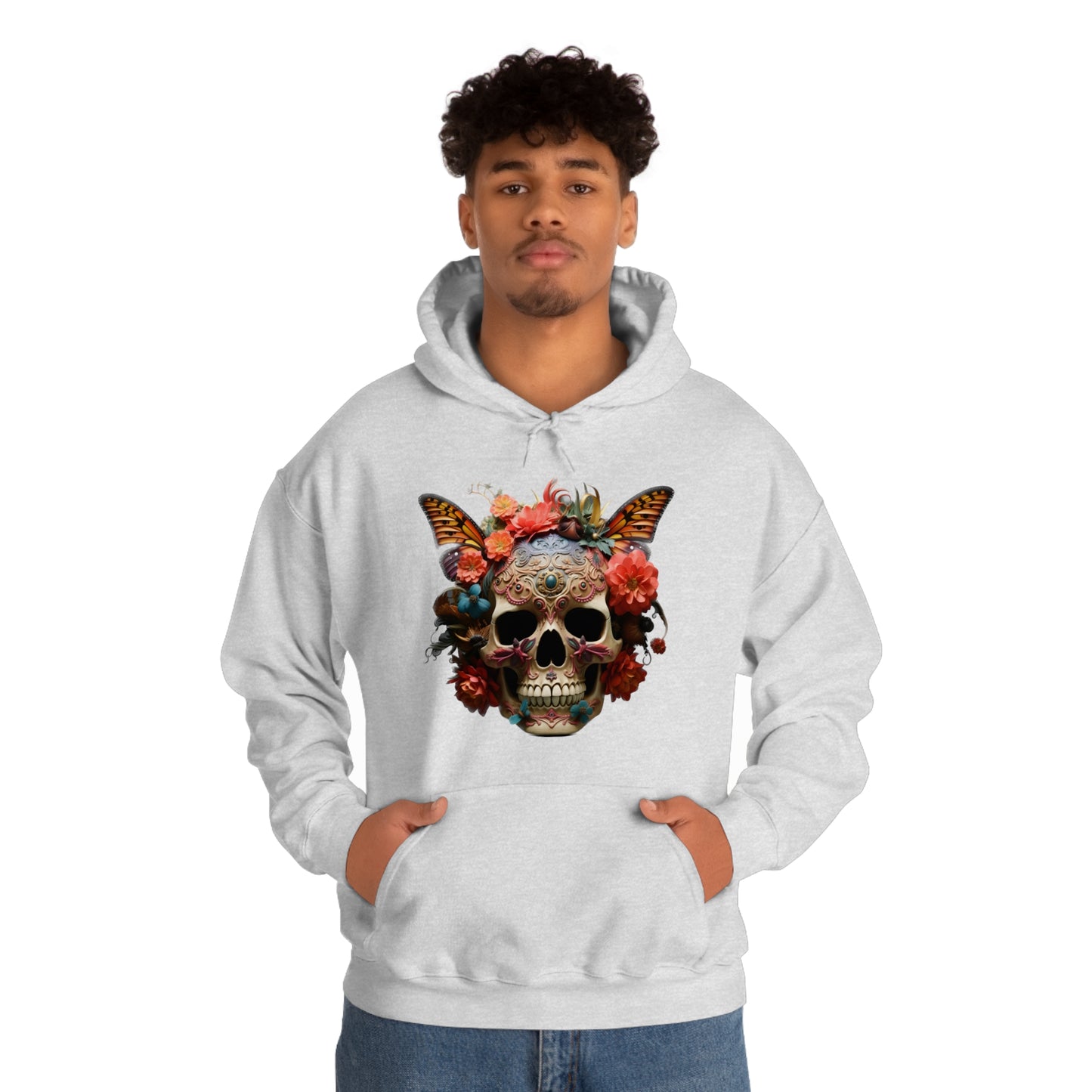 Painted Lady Butterfly Floral Skull Unisex Heavy Blend™ Hooded Sweatshirt