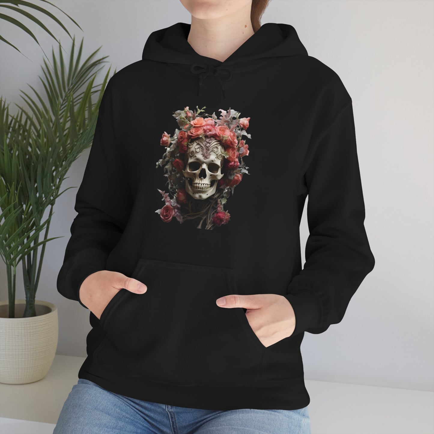 Pink Rose Floral Skull Unisex Heavy Blend™ Hooded Sweatshirt