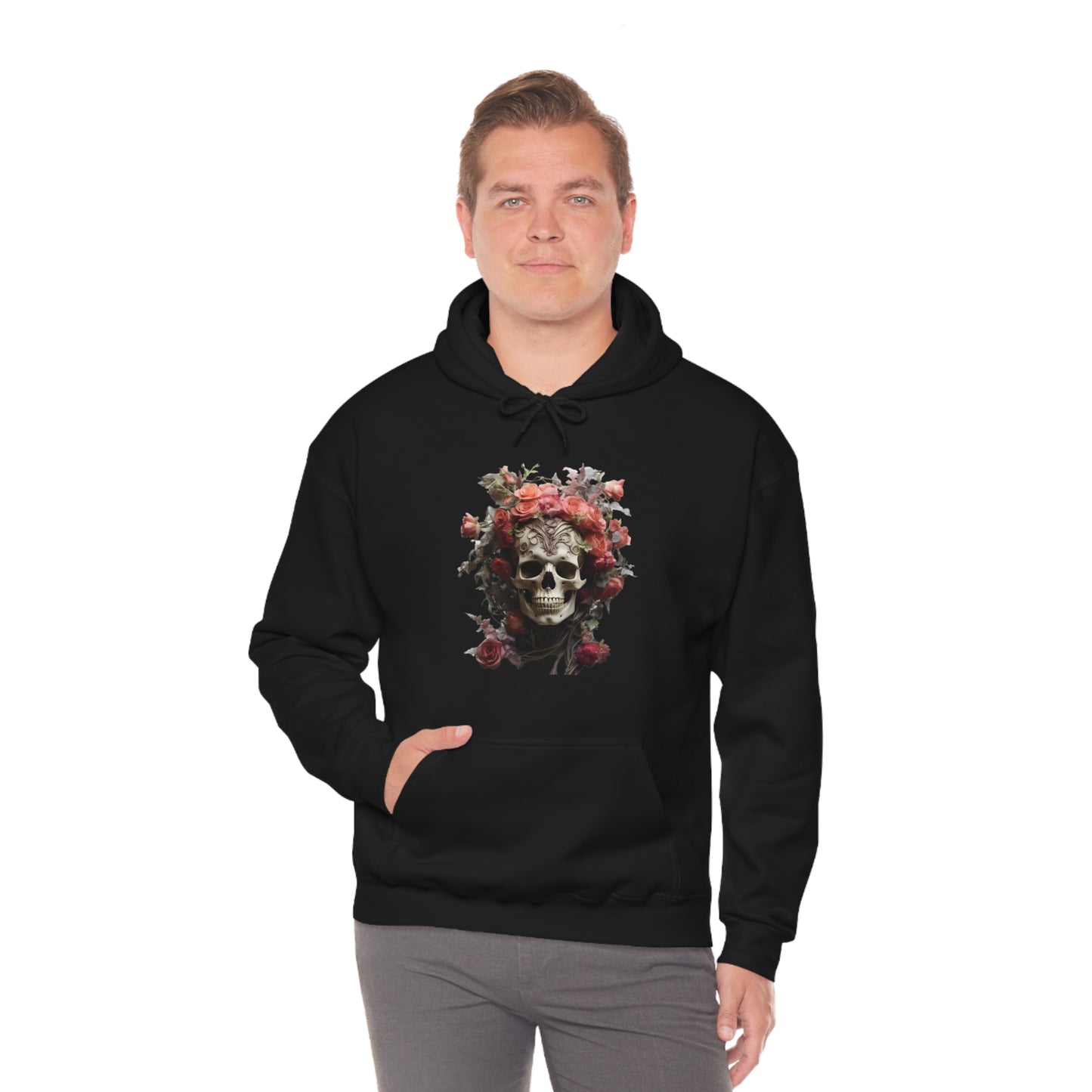 Pink Rose Floral Skull Unisex Heavy Blend™ Hooded Sweatshirt