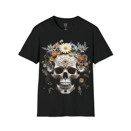 Blue Daisy Floral Skull Art Unisex Softstyle T-Shirt