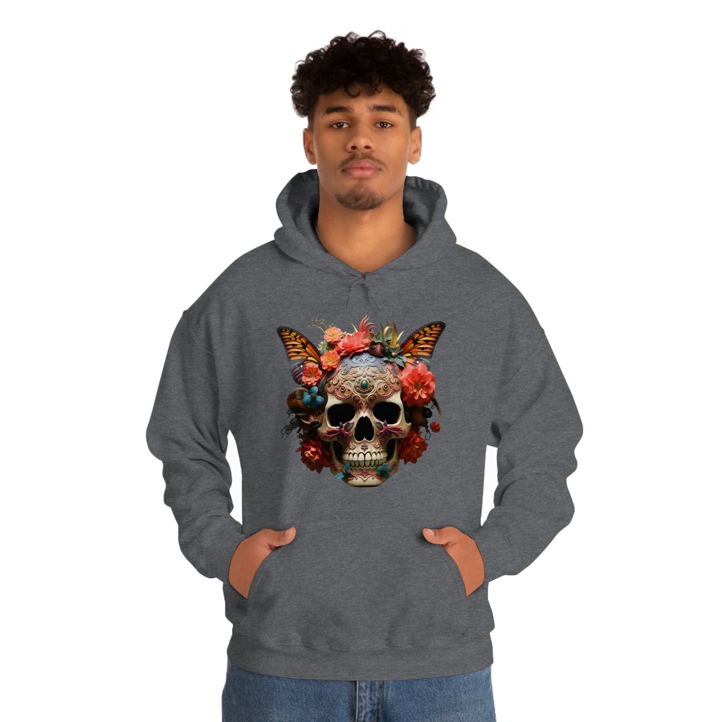 Painted Lady Butterfly Floral Skull Unisex Heavy Blend™ Hooded Sweatshirt