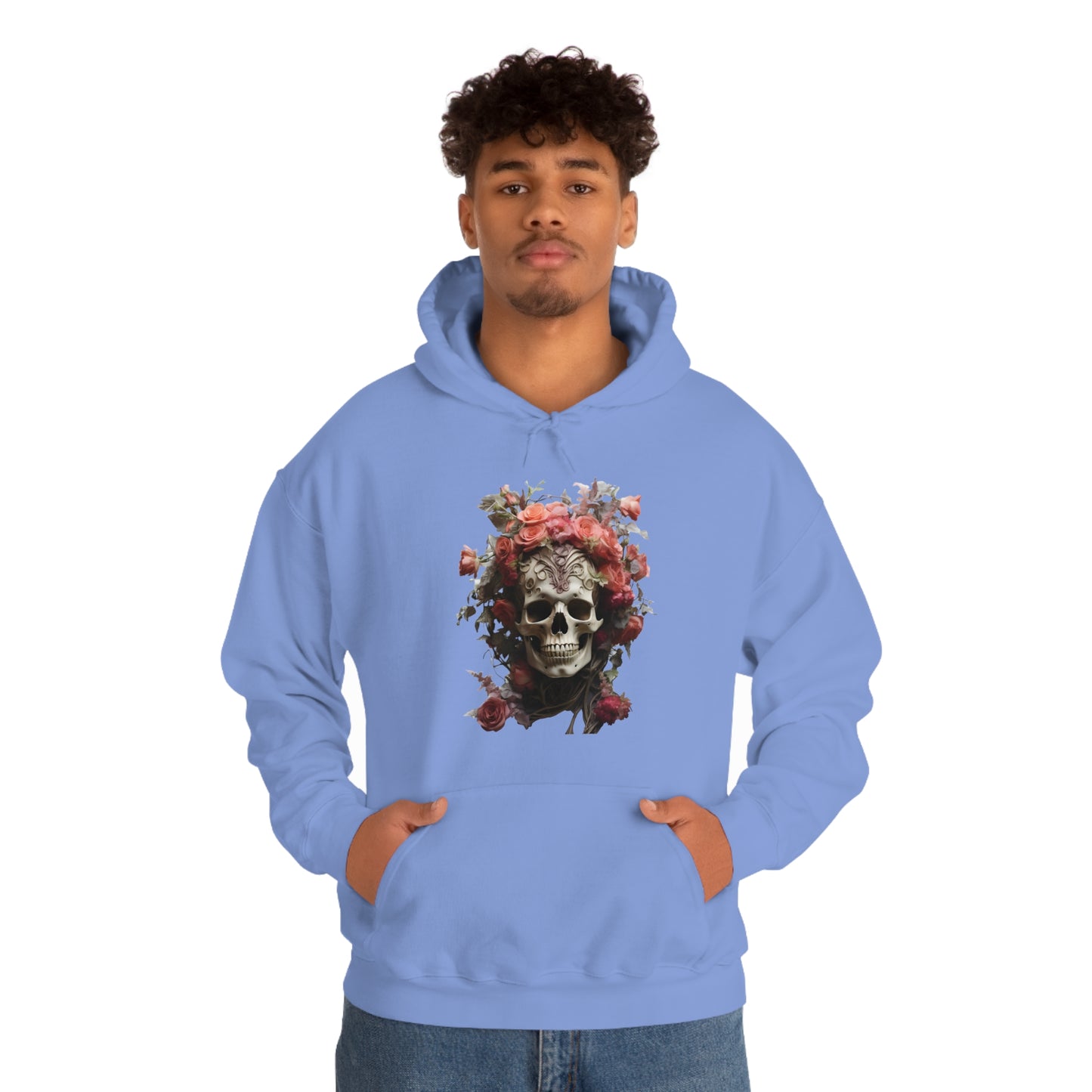 Pink Rose Floral Skull Unisex Heavy Blend™ Hooded Sweatshirt