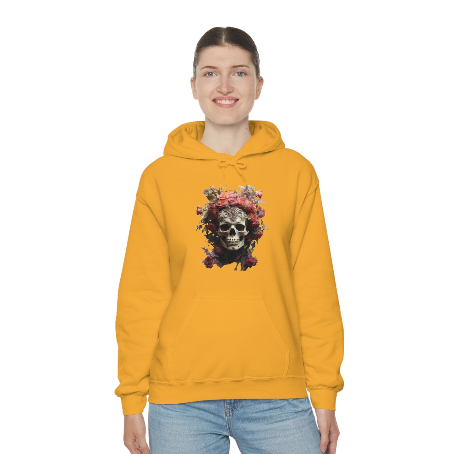 Pink Rose Floral Skull Unisex Heavy Blend™ Hooded Sweatshirt