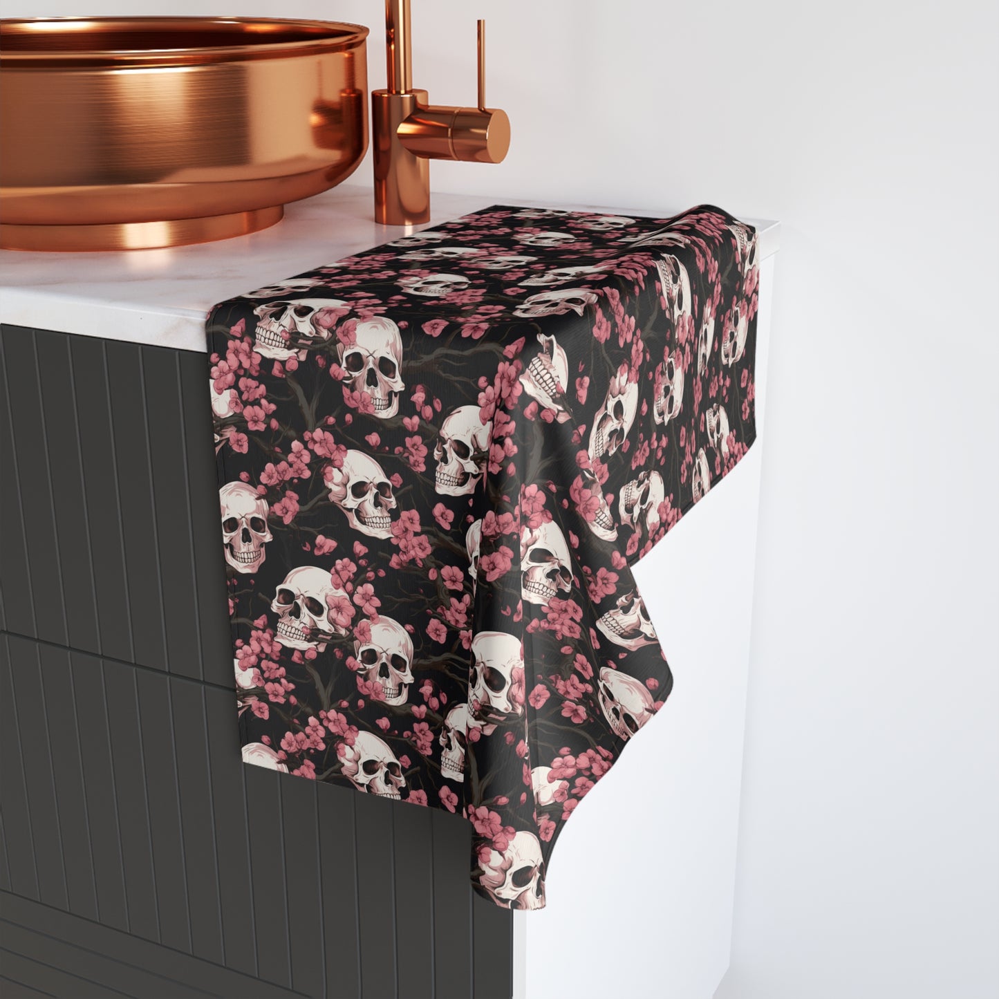 Pink Cherry Blossoms & Skulls Hand Towel