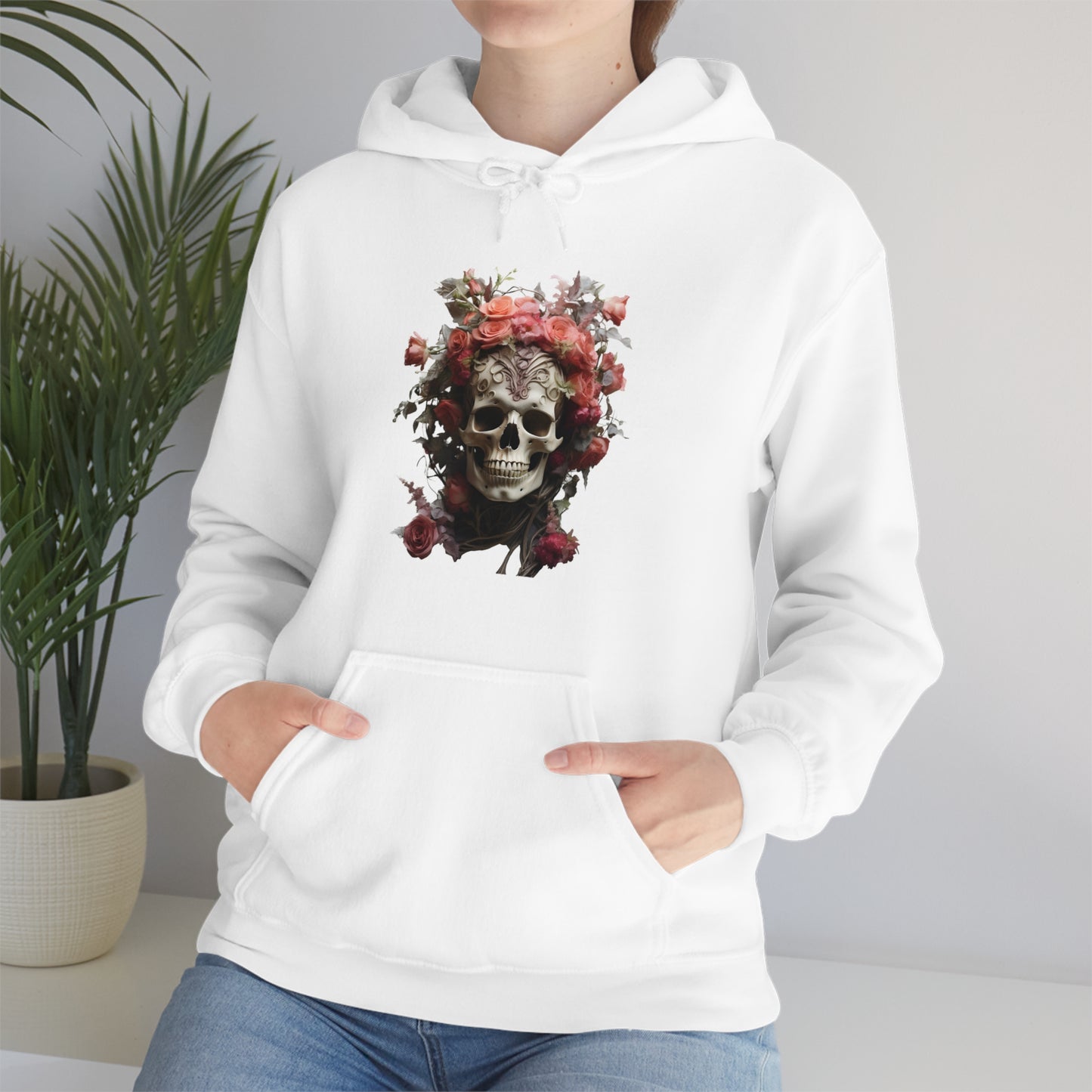 Pink Rose Floral Skull Unisex Heavy Blend™ Hooded Sweatshirt