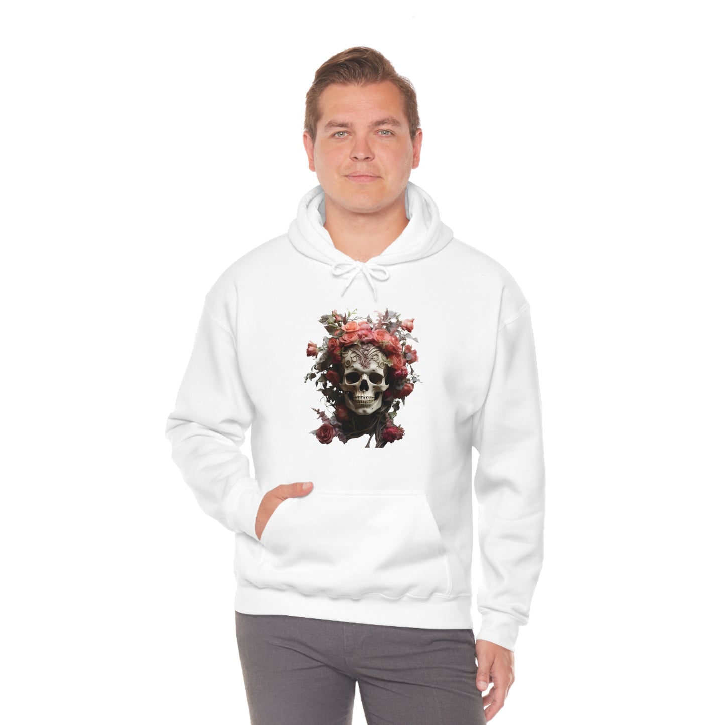 Pink Rose Floral Skull Unisex Heavy Blend™ Hooded Sweatshirt