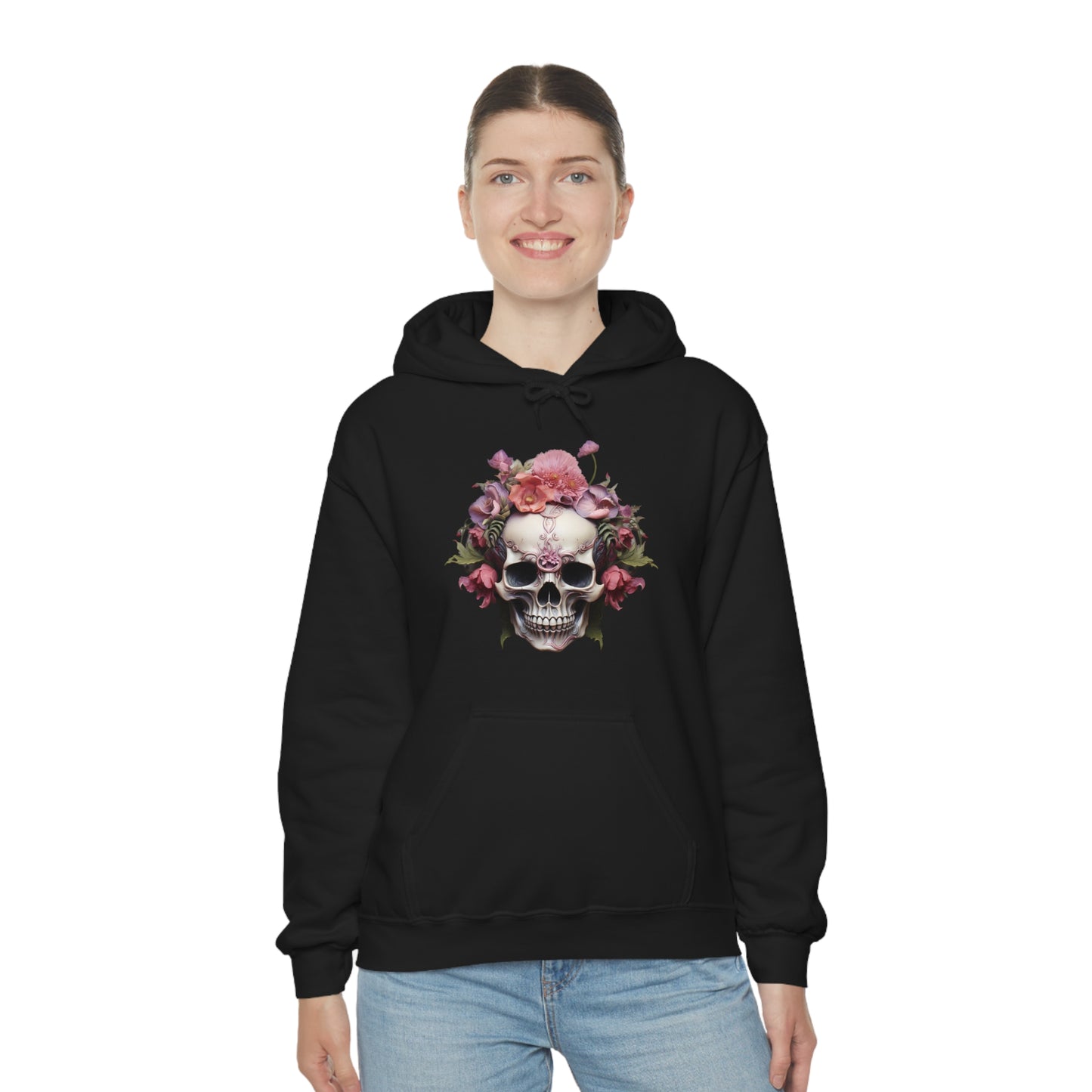 Pink Poppy Floral Skull Unisex Heavy Blend™ Hooded Sweatshirt