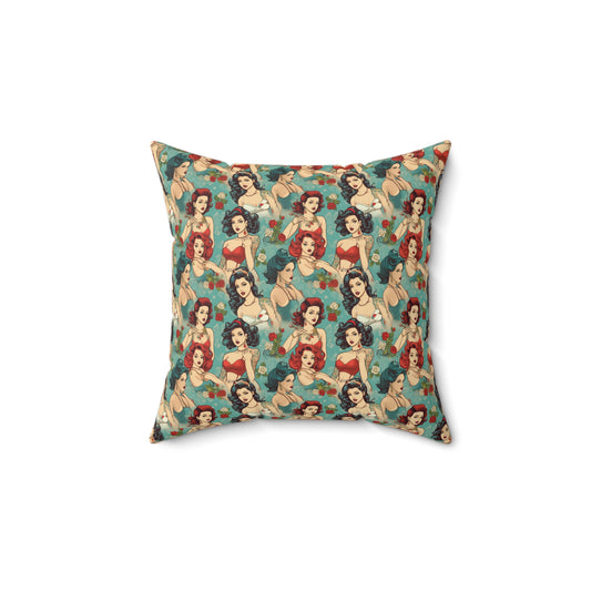 Vintage Tattoo Pinup Models Spun Polyester Square Pillow