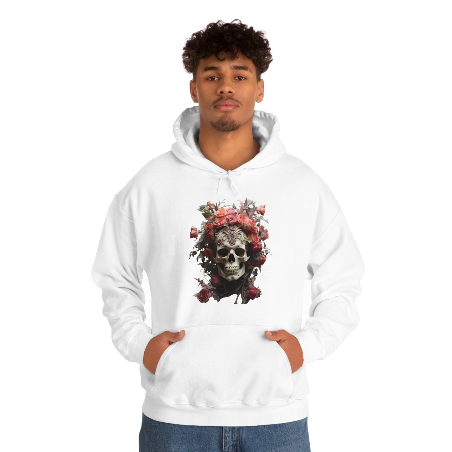 Pink Rose Floral Skull Unisex Heavy Blend™ Hooded Sweatshirt