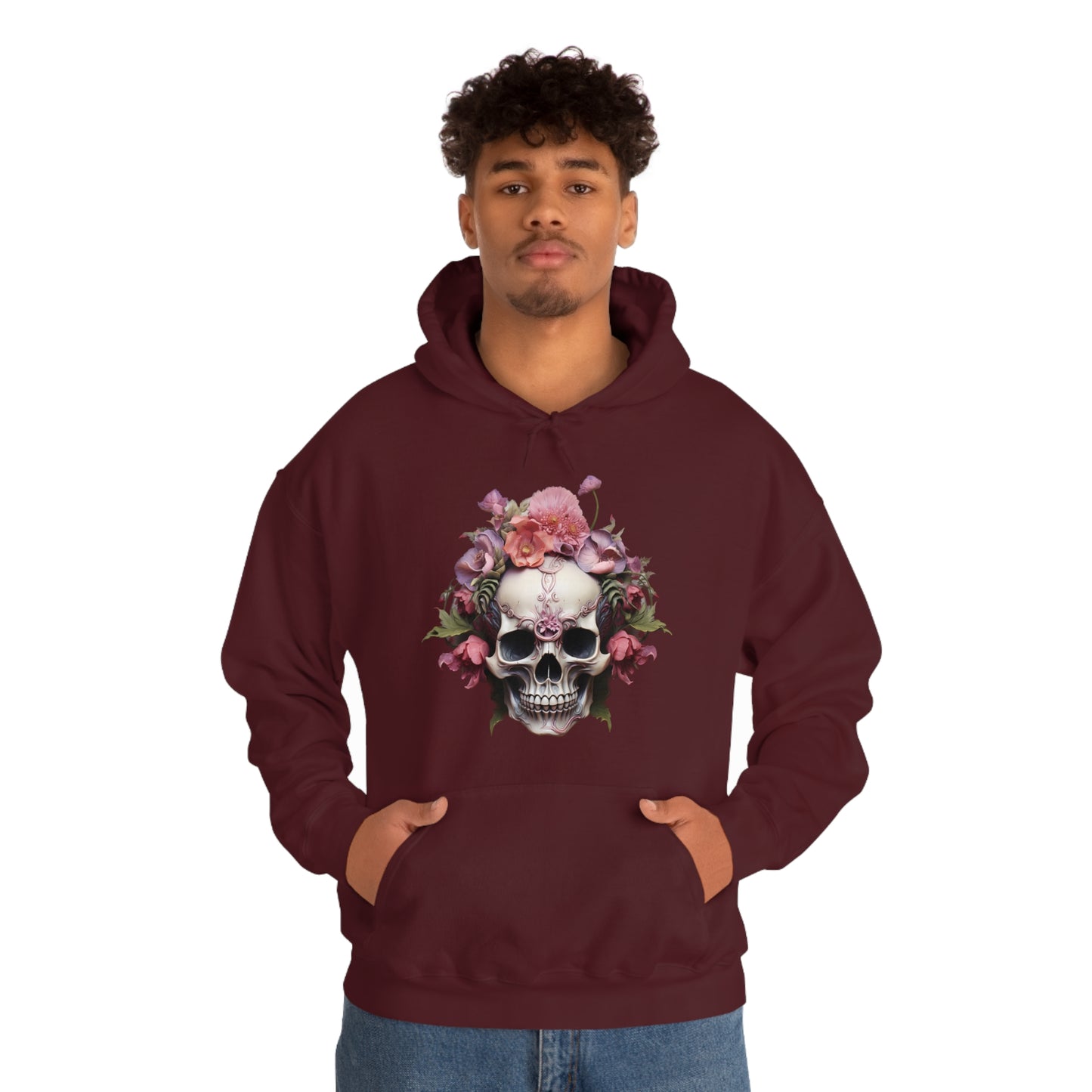 Pink Poppy Floral Skull Unisex Heavy Blend™ Hooded Sweatshirt