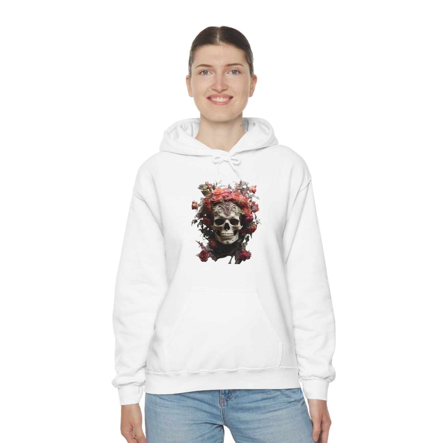 Pink Rose Floral Skull Unisex Heavy Blend™ Hooded Sweatshirt