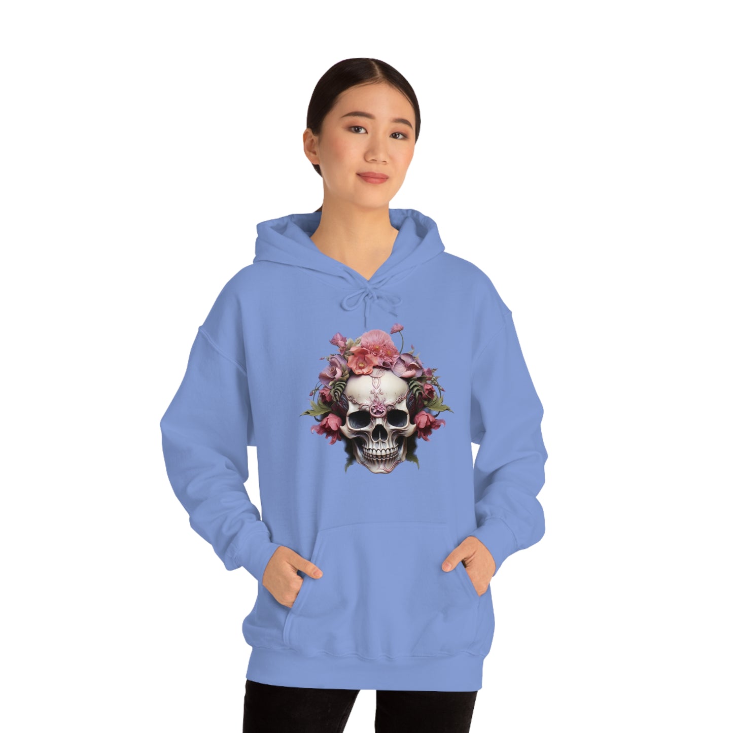 Pink Poppy Floral Skull Unisex Heavy Blend™ Hooded Sweatshirt