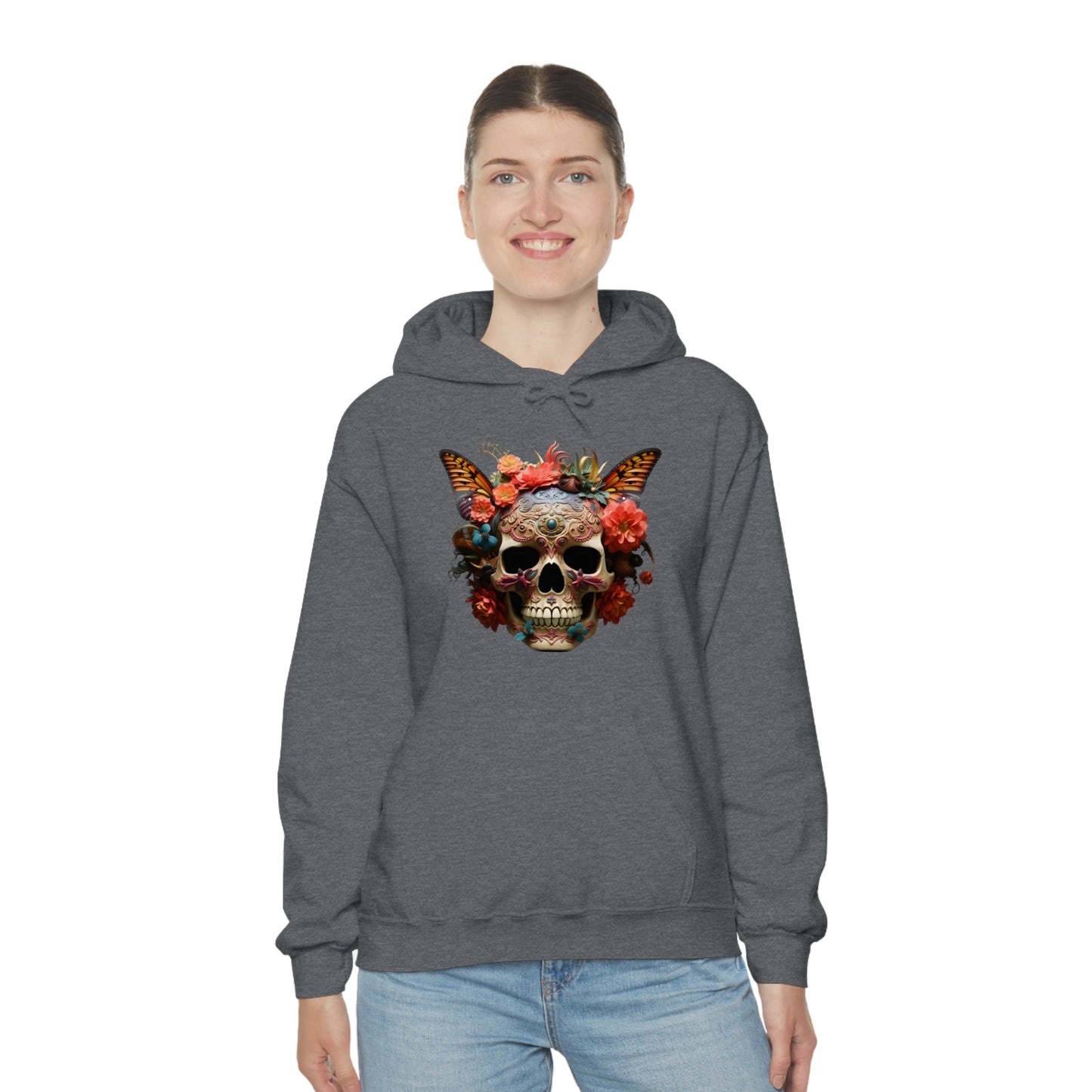 Painted Lady Butterfly Floral Skull Unisex Heavy Blend™ Hooded Sweatshirt