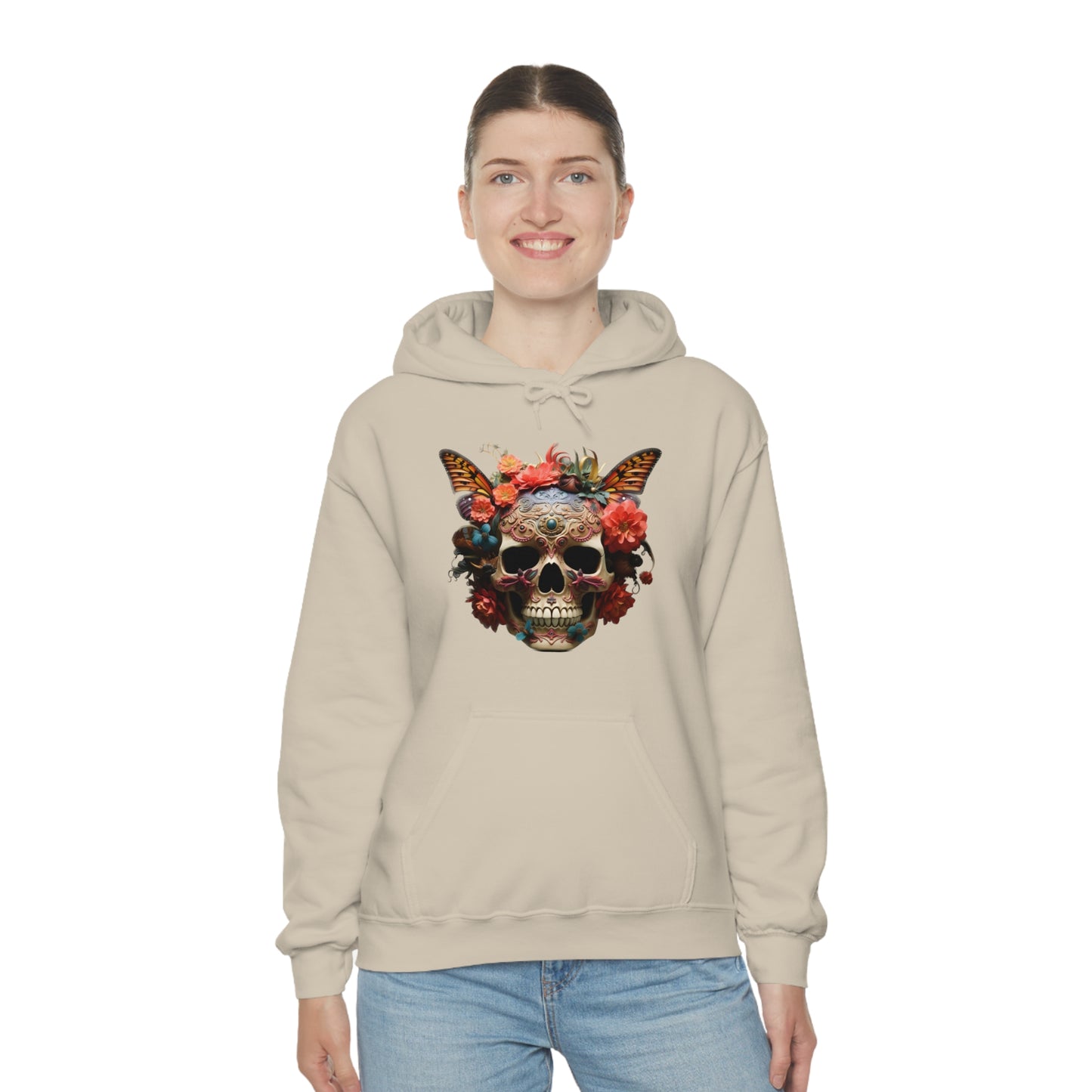 Painted Lady Butterfly Floral Skull Unisex Heavy Blend™ Hooded Sweatshirt