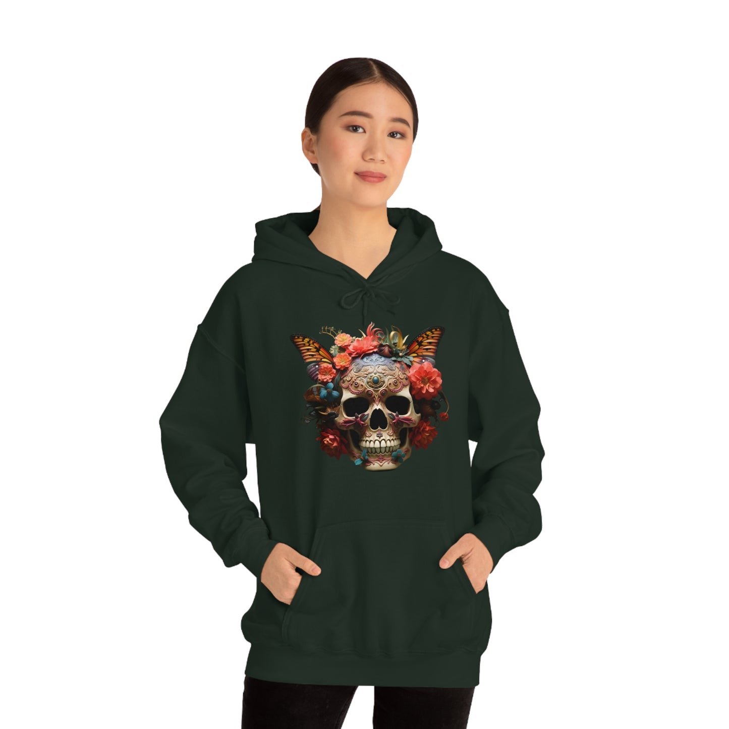 Painted Lady Butterfly Floral Skull Unisex Heavy Blend™ Hooded Sweatshirt