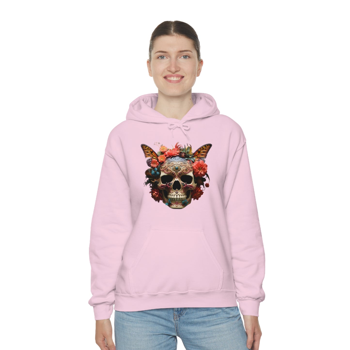 Painted Lady Butterfly Floral Skull Unisex Heavy Blend™ Hooded Sweatshirt