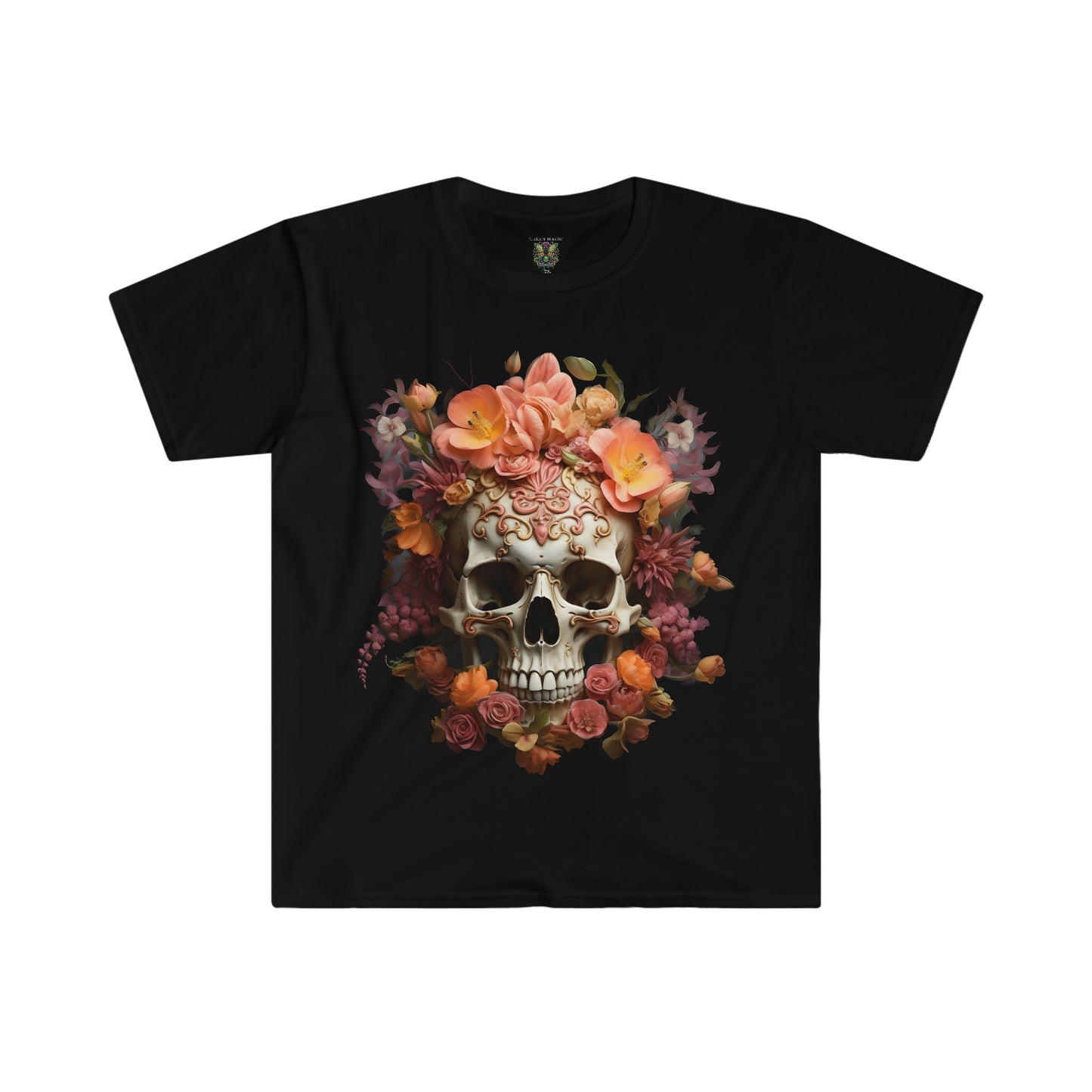 Orange and Purple Floral Skull Art Unisex Softstyle T-Shirt