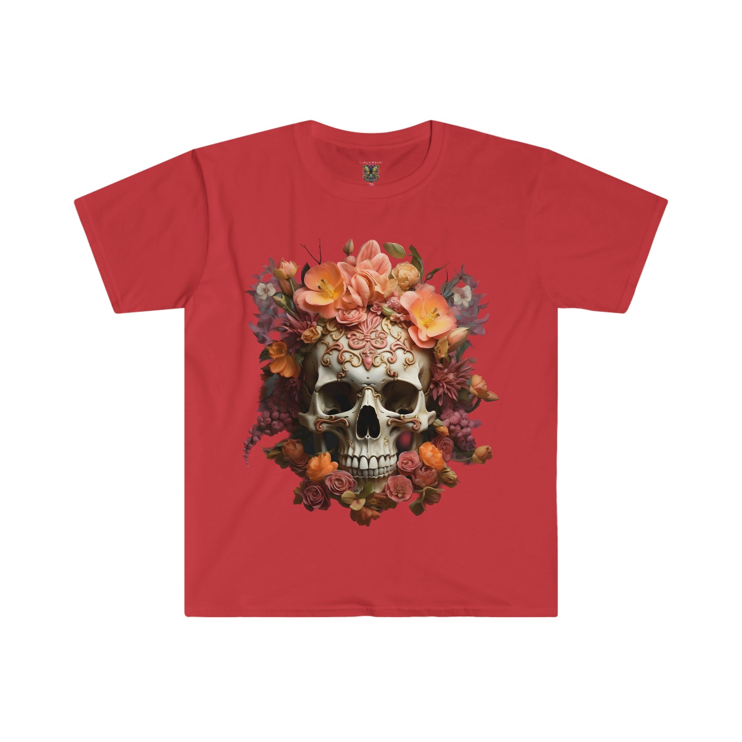 Orange and Purple Floral Skull Art Unisex Softstyle T-Shirt