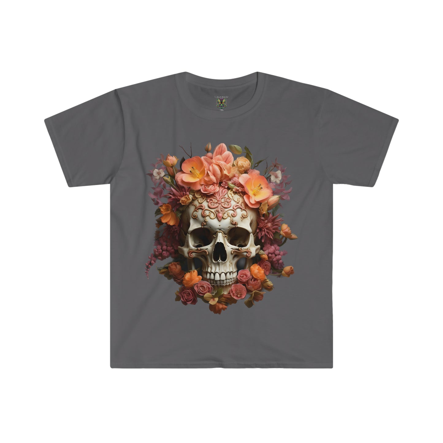 Orange and Purple Floral Skull Art Unisex Softstyle T-Shirt