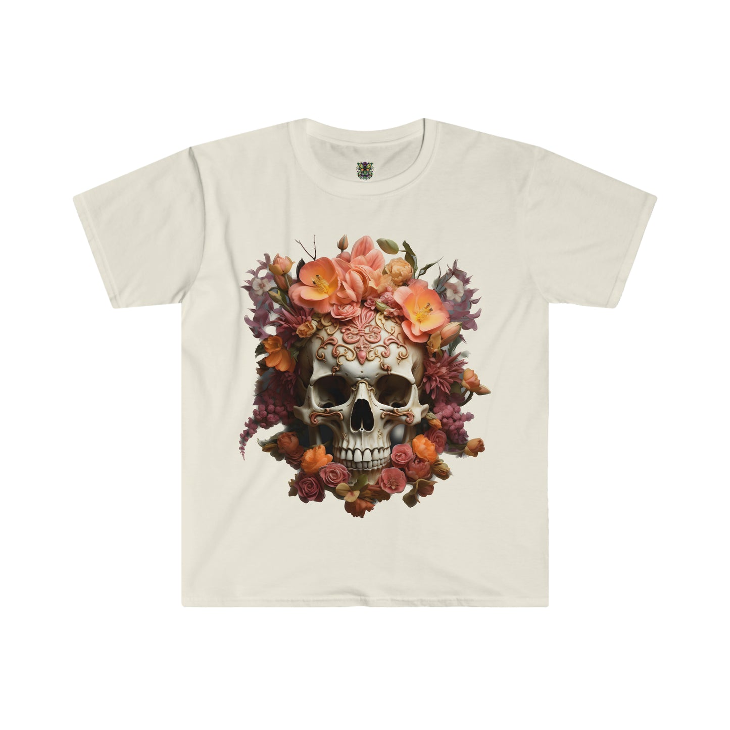 Orange and Purple Floral Skull Art Unisex Softstyle T-Shirt