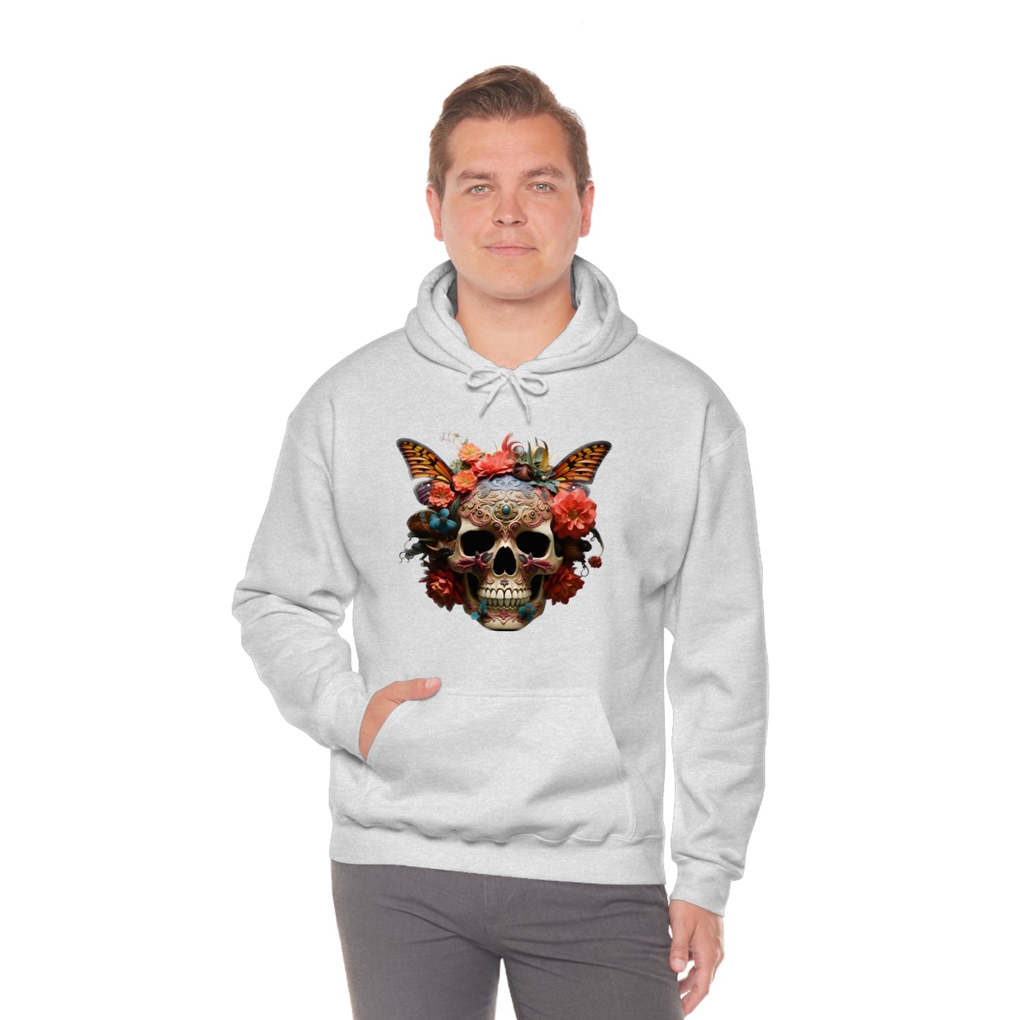 Painted Lady Butterfly Floral Skull Unisex Heavy Blend™ Hooded Sweatshirt