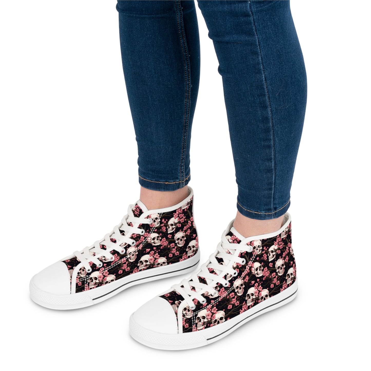 Cherry Blossom Skulls Print Women's High Top Sneakers