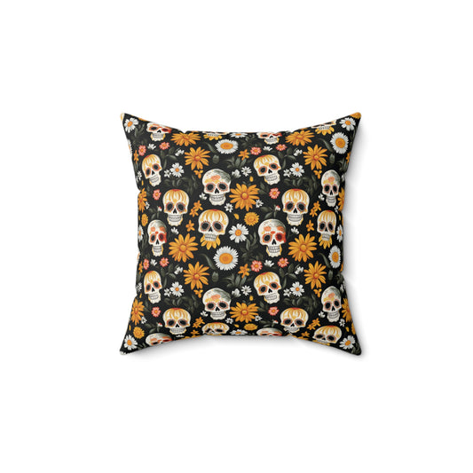 Yellow Daisies & Calavera Skulls Spun Polyester Square Pillow