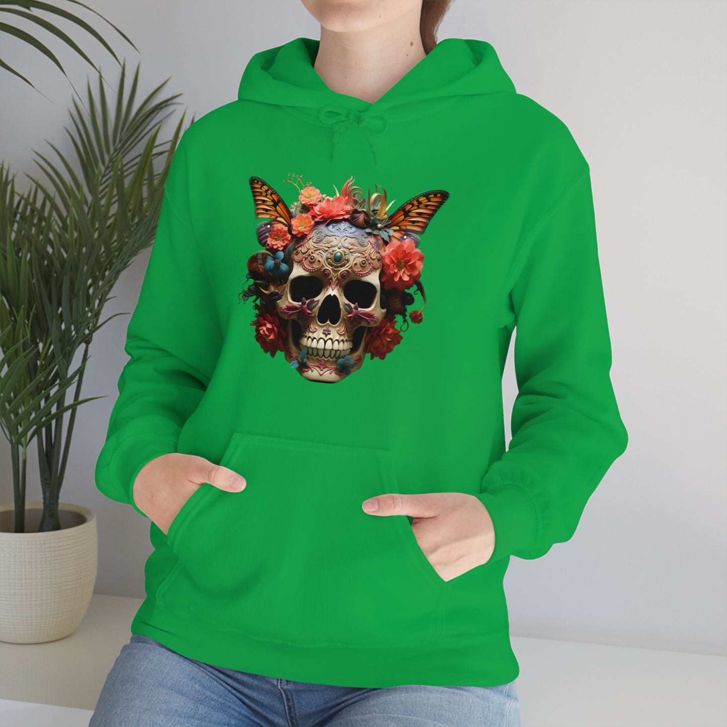 Painted Lady Butterfly Floral Skull Unisex Heavy Blend™ Hooded Sweatshirt