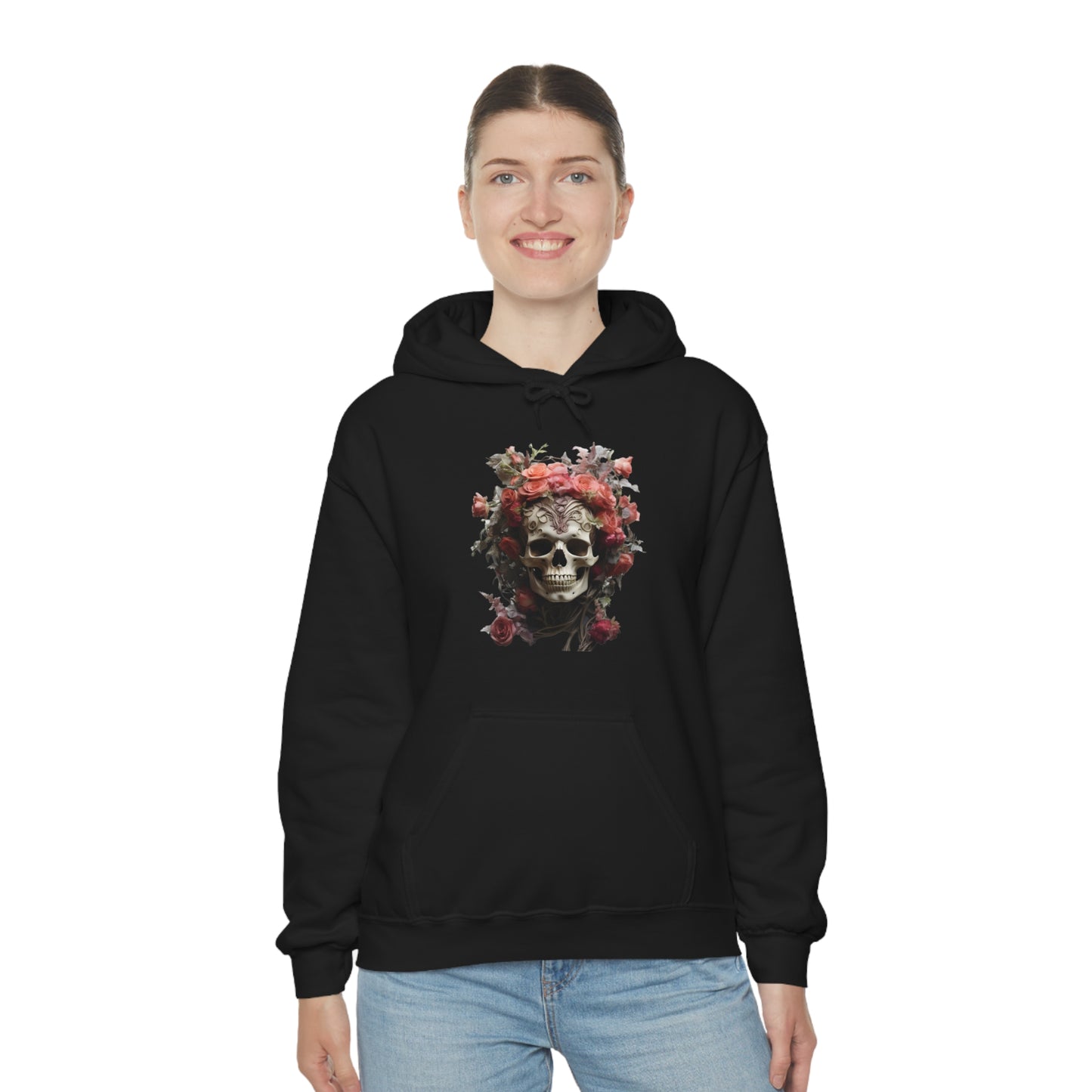 Pink Rose Floral Skull Unisex Heavy Blend™ Hooded Sweatshirt