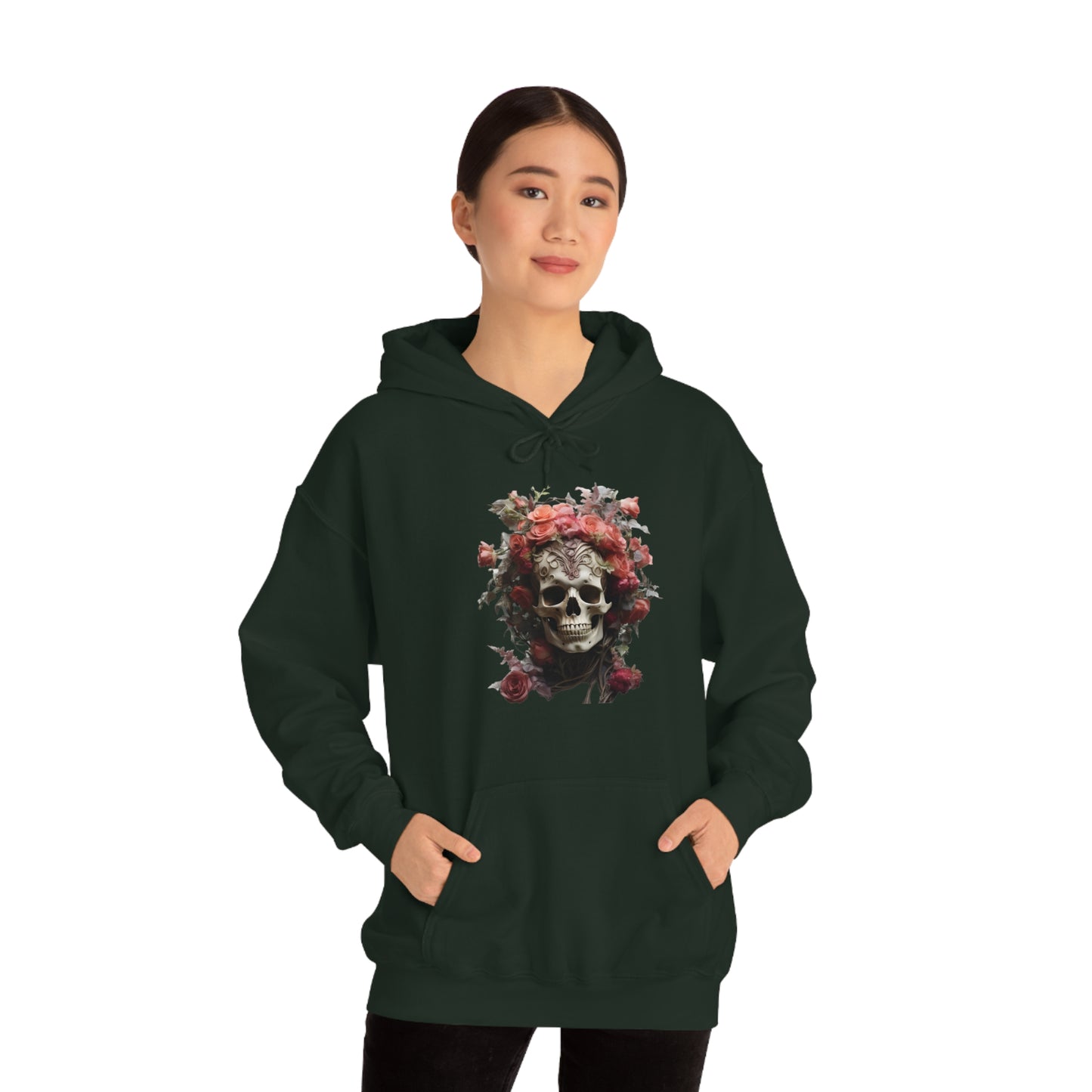 Pink Rose Floral Skull Unisex Heavy Blend™ Hooded Sweatshirt