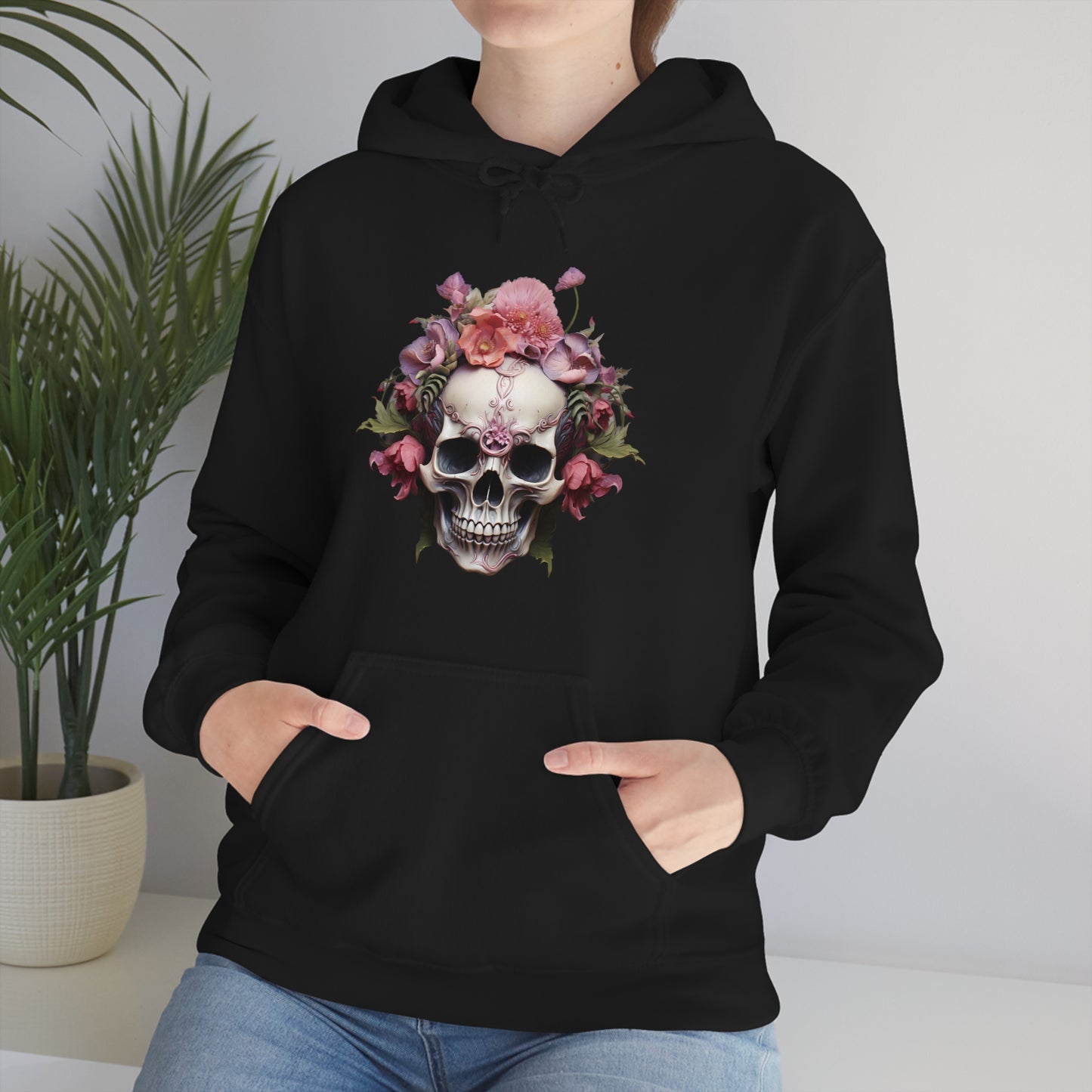 Pink Poppy Floral Skull Unisex Heavy Blend™ Hooded Sweatshirt