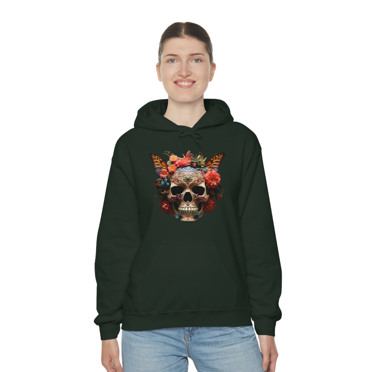 Painted Lady Butterfly Floral Skull Unisex Heavy Blend™ Hooded Sweatshirt