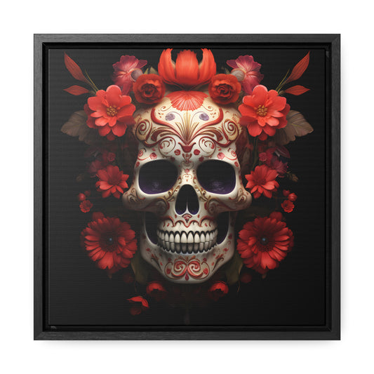 Red Floral Skull Digital Art Gallery Canvas Wraps, Square Frame