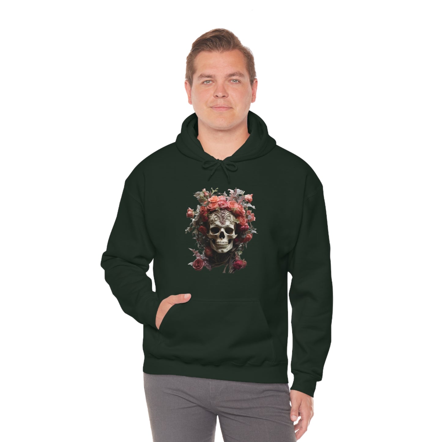 Pink Rose Floral Skull Unisex Heavy Blend™ Hooded Sweatshirt