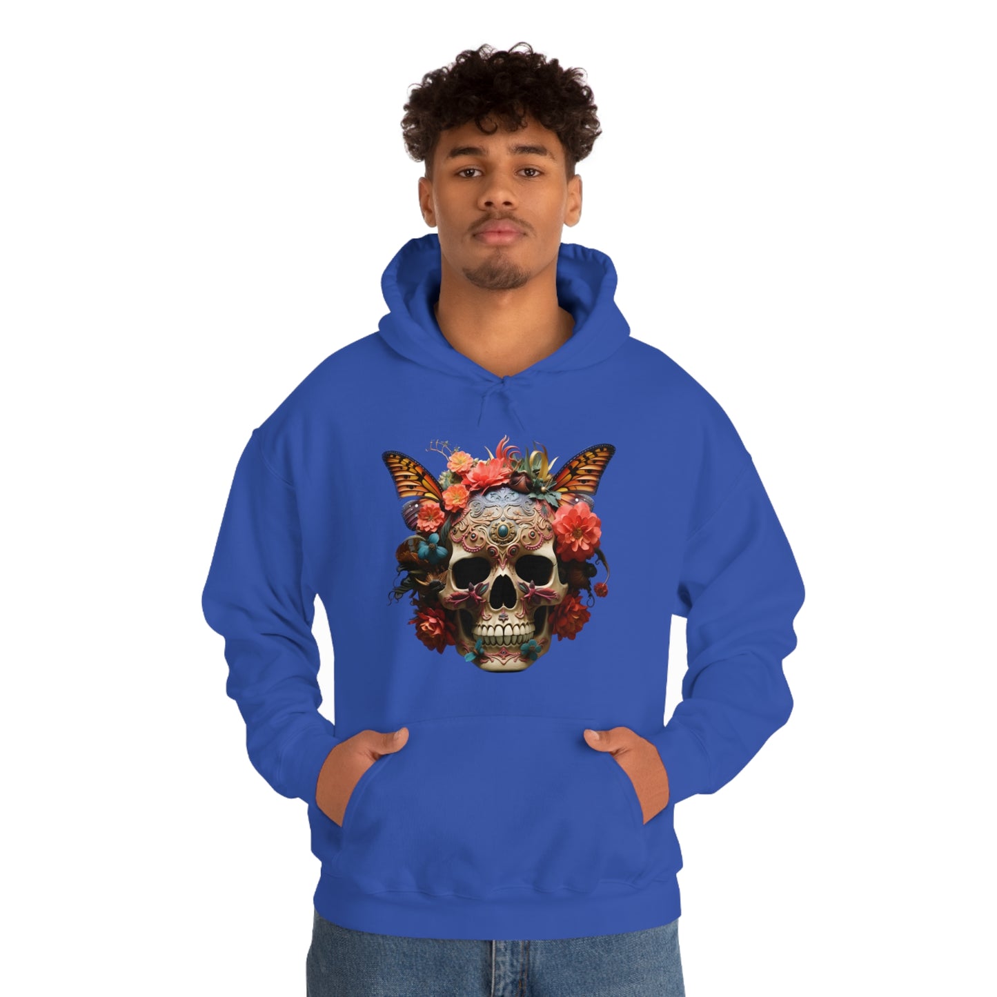 Painted Lady Butterfly Floral Skull Unisex Heavy Blend™ Hooded Sweatshirt