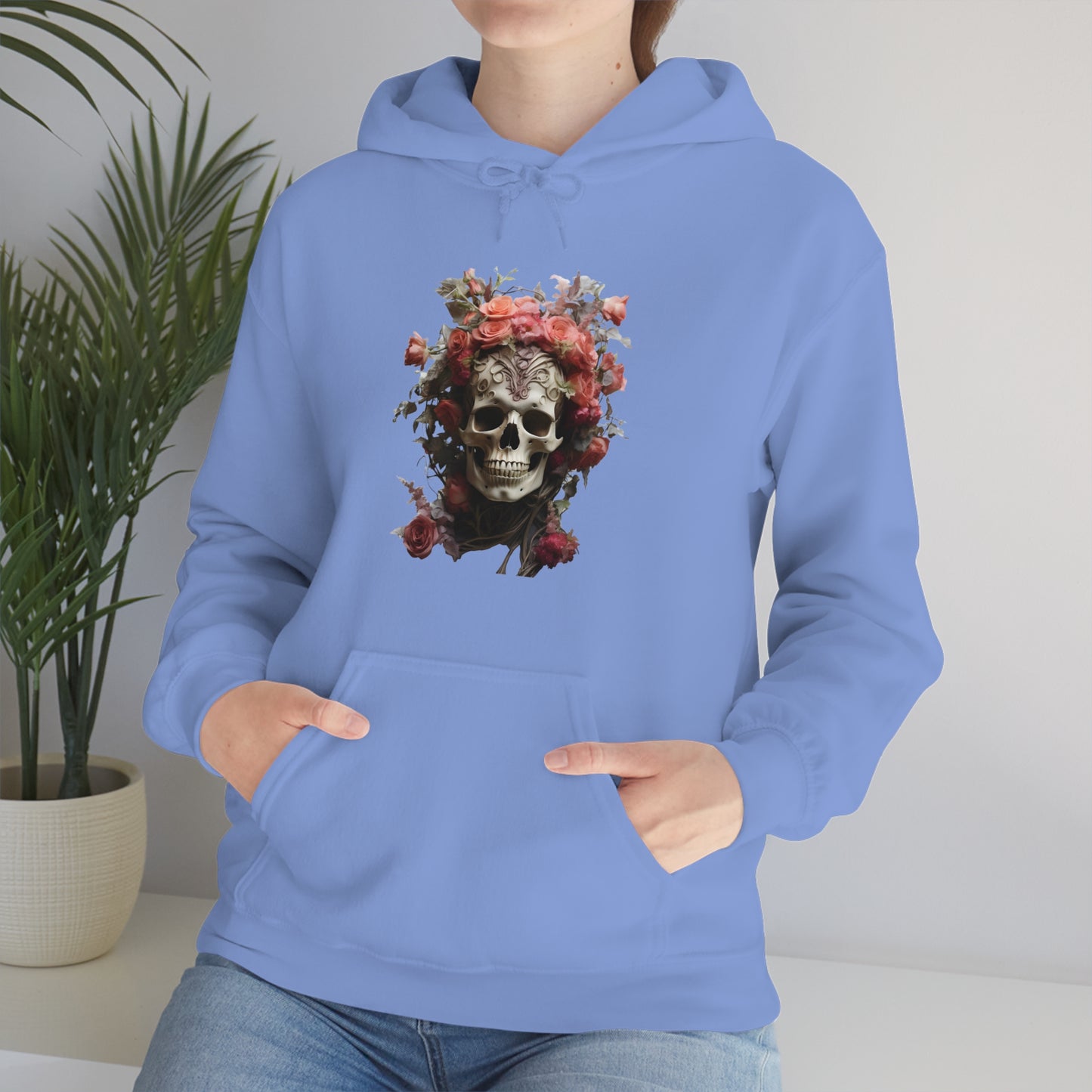 Pink Rose Floral Skull Unisex Heavy Blend™ Hooded Sweatshirt