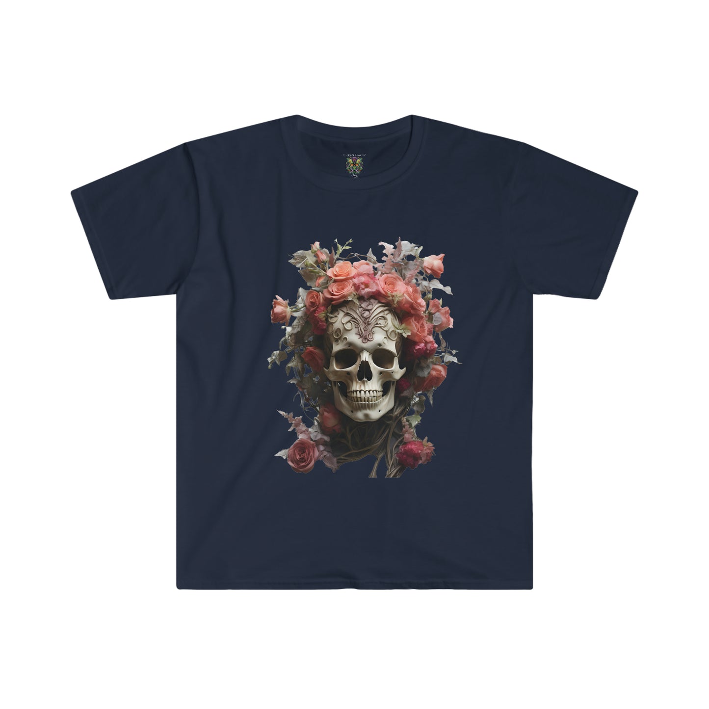 Pink Rose Floral Skull Art Unisex Softstyle T-Shirt