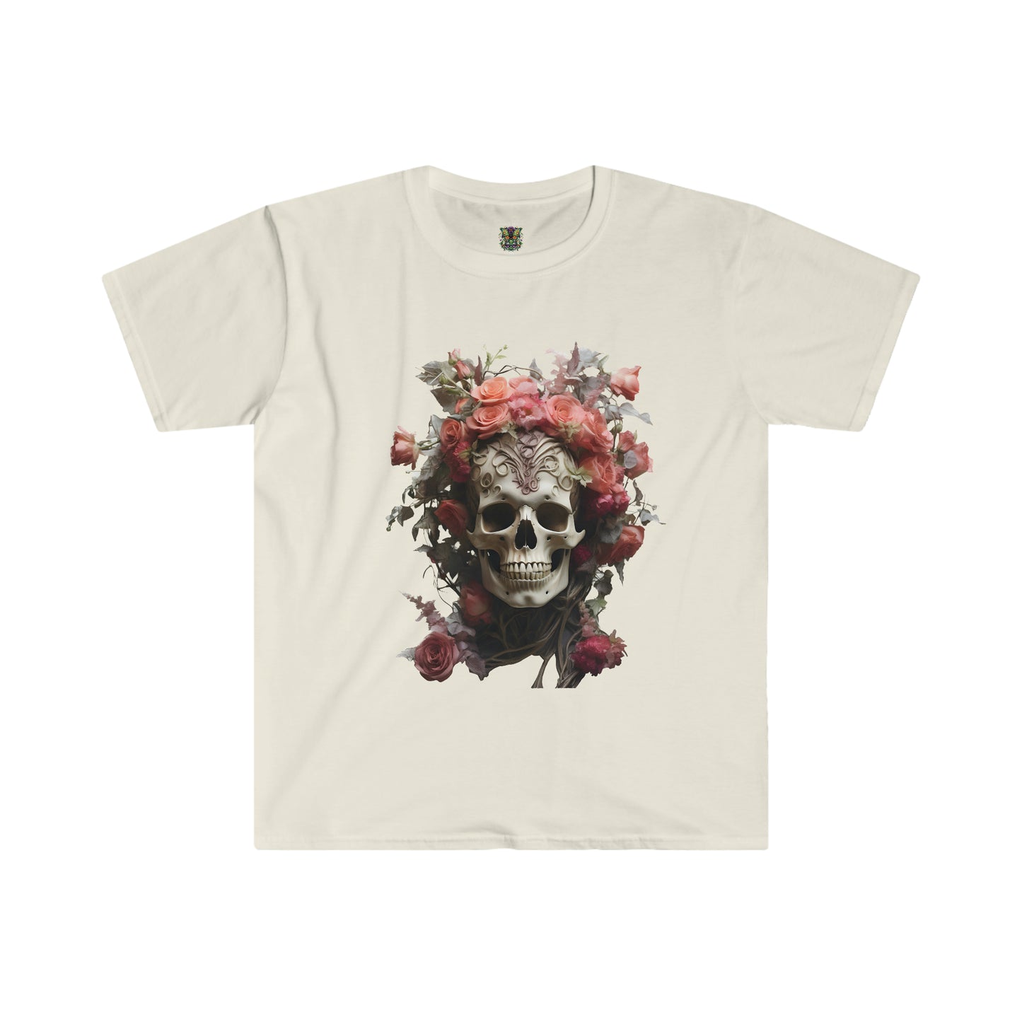 Pink Rose Floral Skull Art Unisex Softstyle T-Shirt