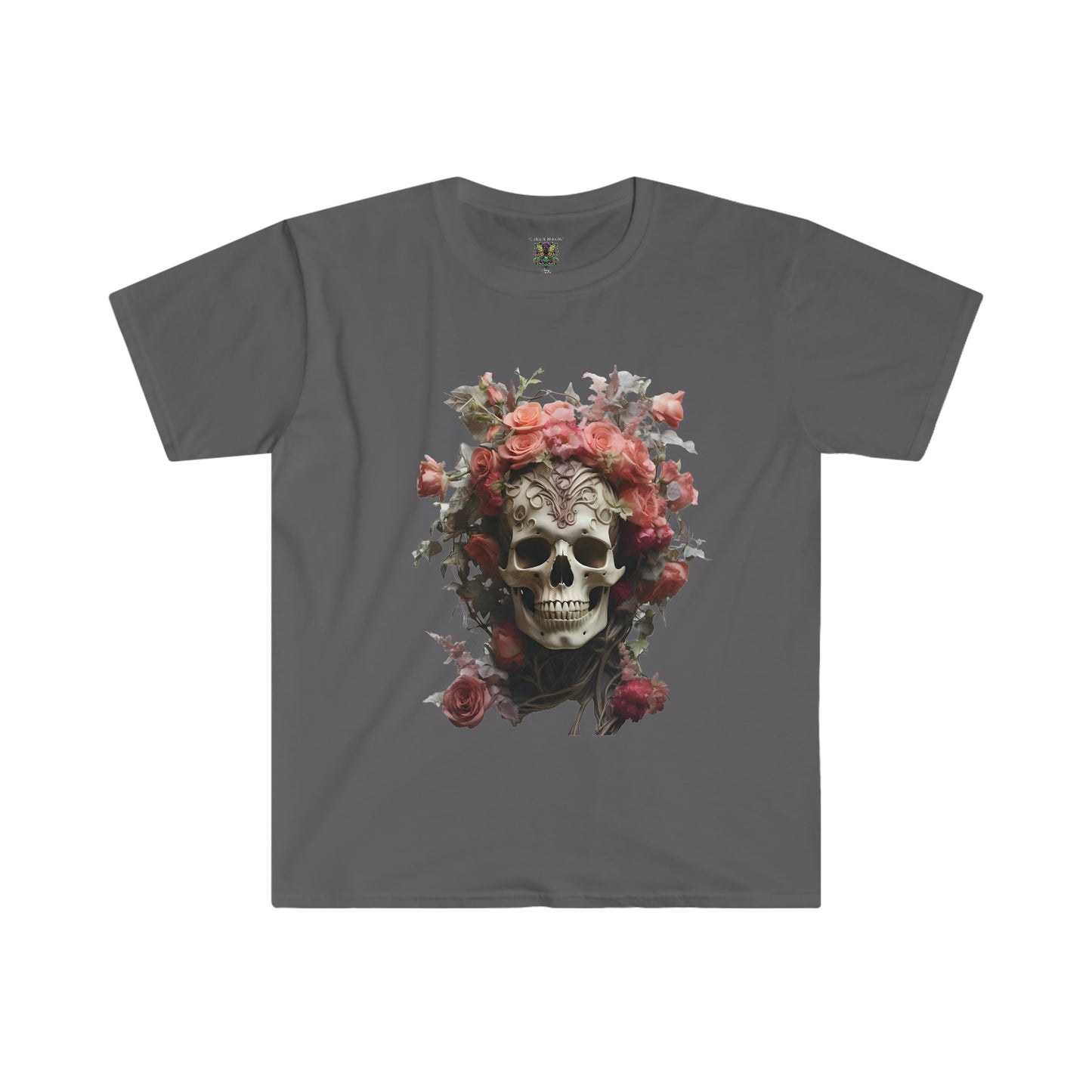 Pink Rose Floral Skull Art Unisex Softstyle T-Shirt