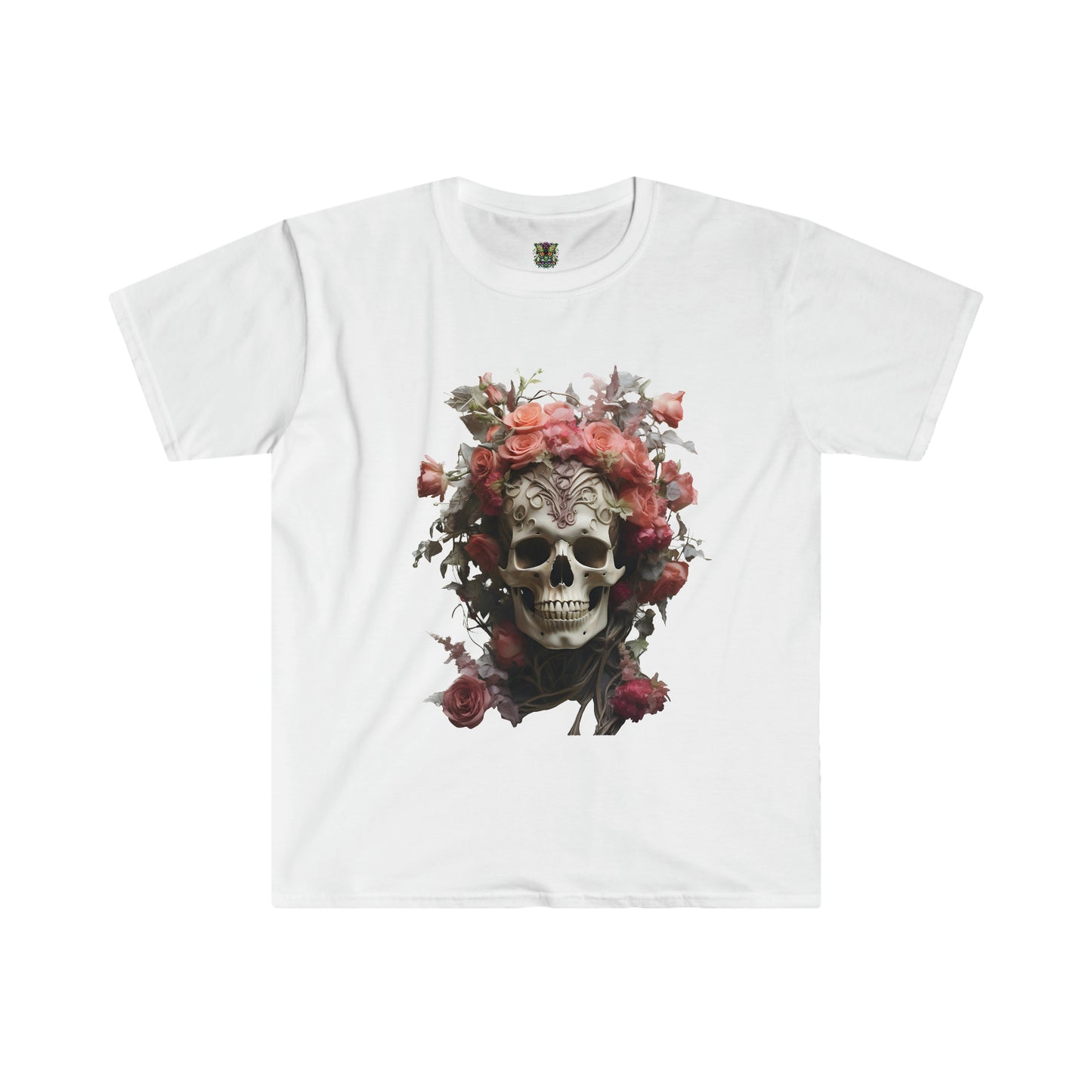 Pink Rose Floral Skull Art Unisex Softstyle T-Shirt