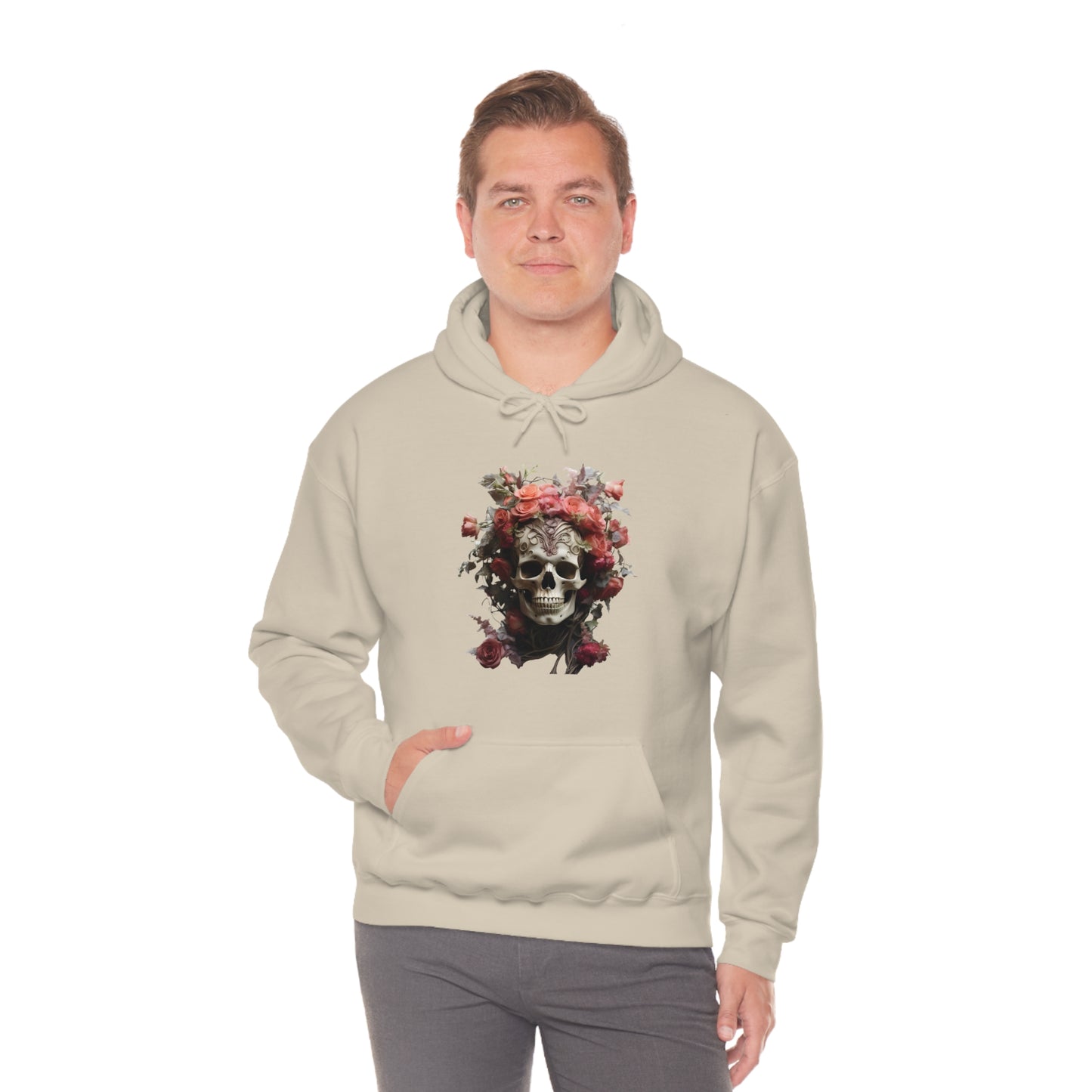 Pink Rose Floral Skull Unisex Heavy Blend™ Hooded Sweatshirt