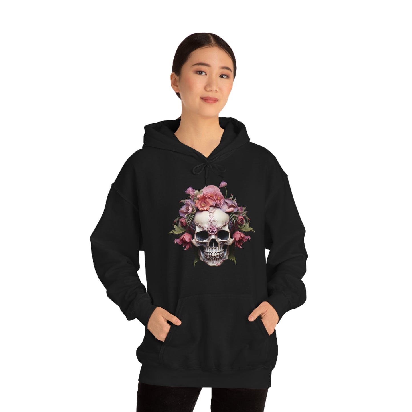 Pink Poppy Floral Skull Unisex Heavy Blend™ Hooded Sweatshirt