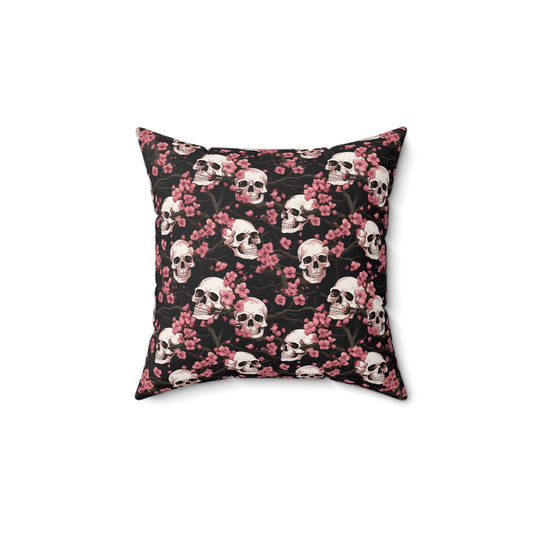 Pink Cherry Blossom Skulls Spun Polyester Square Pillow