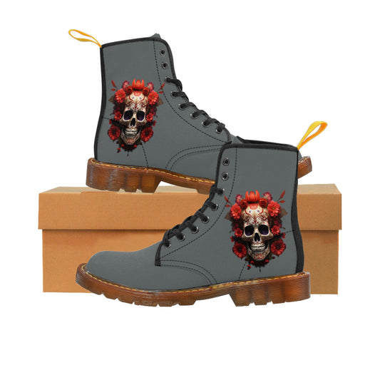 Red Floral Skull Women's Grey Canvas Boots